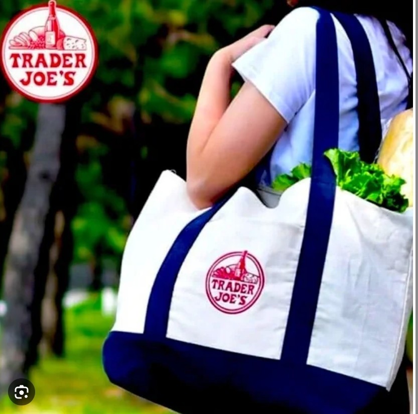 Trader Joes Reusable Canvas Tote Bag Large Heavy Duty Bag Blue White, NEW 2024
