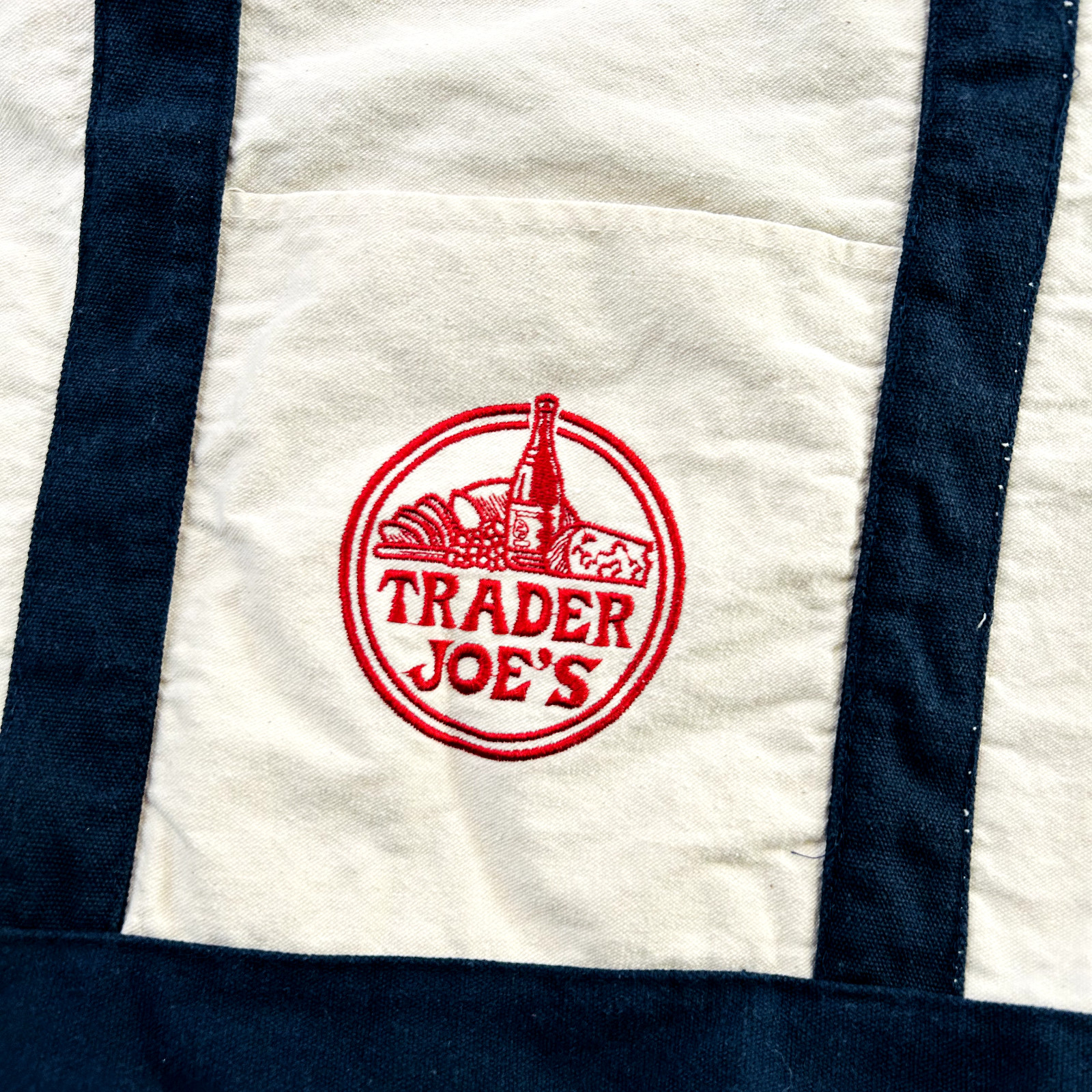 Trader Joes Bag One Size White Blue Red Canvas Tote Grocery Logo Shopping