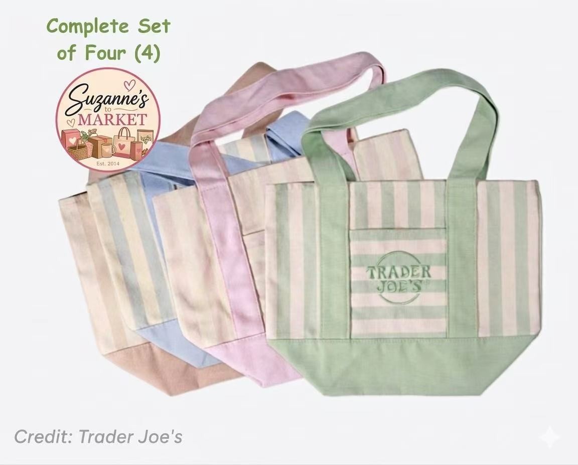 NEW TRADER JOE’S MINI PASTEL CANVAS TOTE BAGS SET OF 4 LIMITED EDITION ✅✨