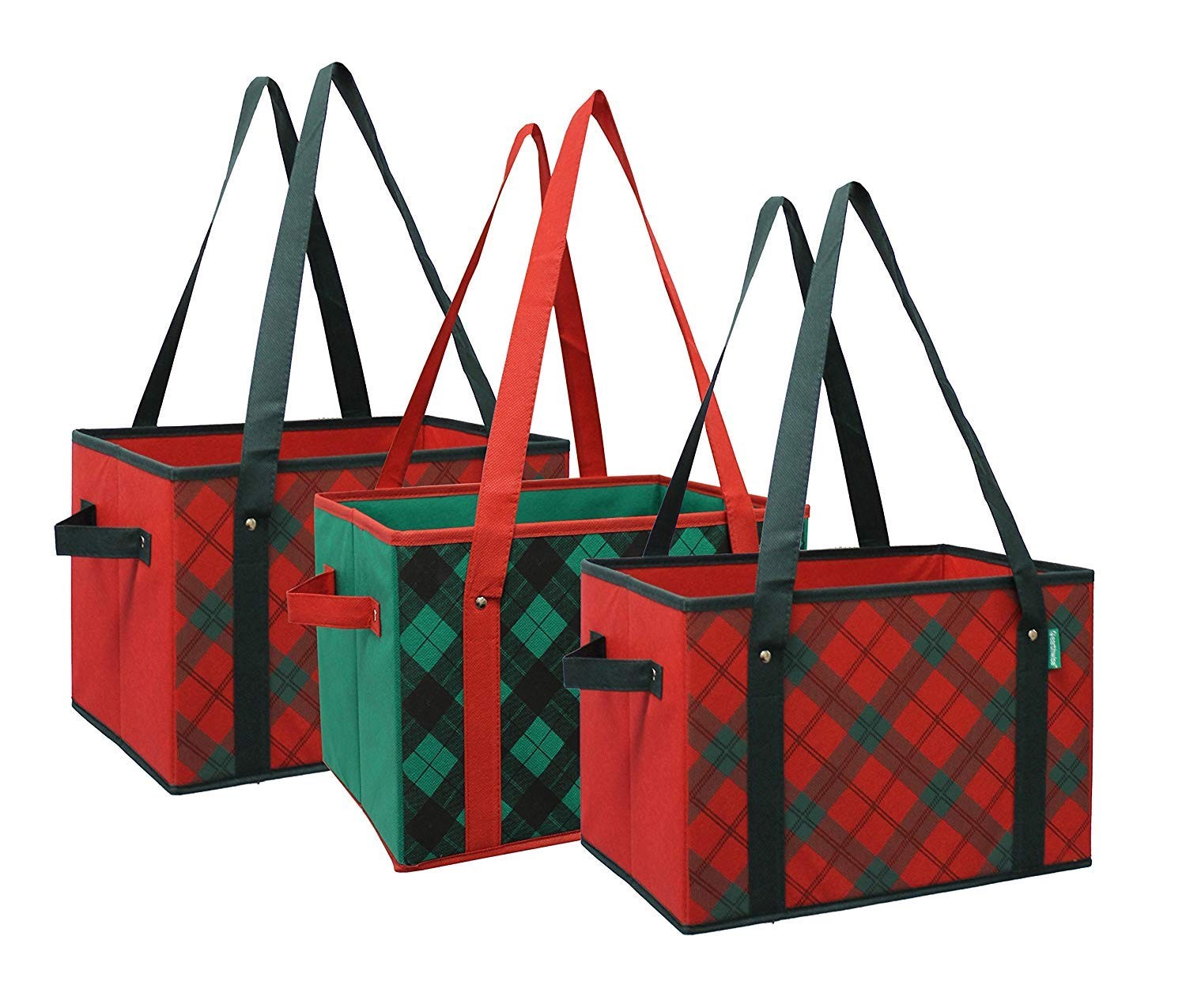 Deluxe Collapsible Reusable Shopping Box Grocery Bag Set Plaid Holiday 3 Pcs
