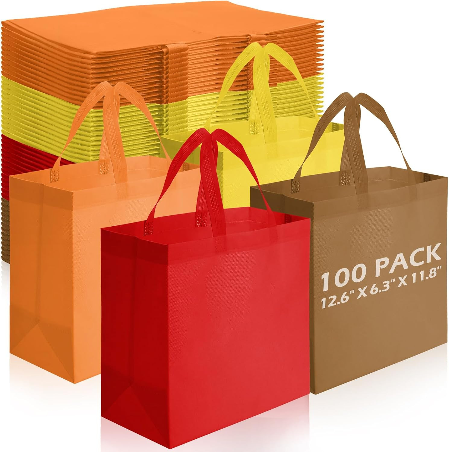 100 PCS Non Woven Tote Bags Bulk,Orange, Brown, Yellow, Red | Reusable Shopping
