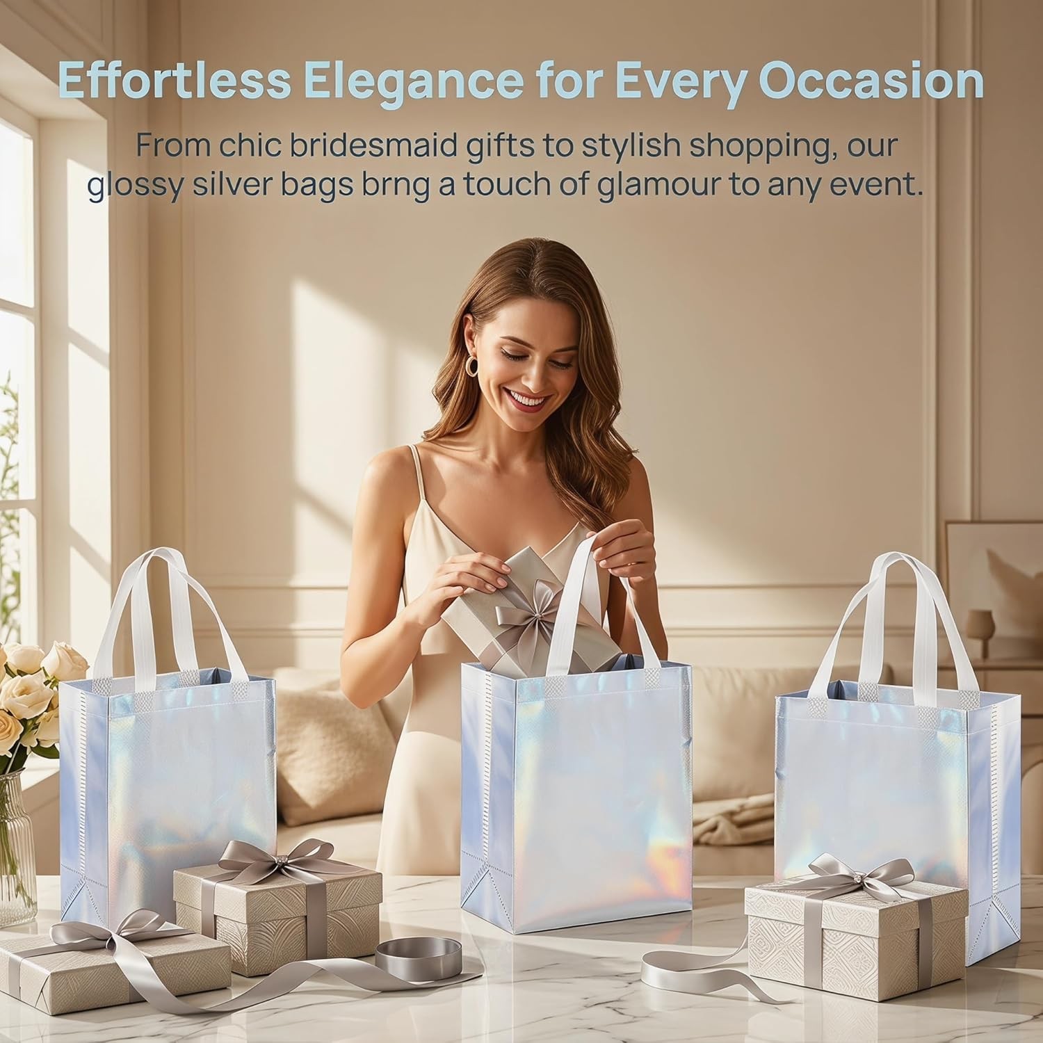 40 Pack 10 x 8 Inch Glossy Reusable Grocery Bags Non-woven Tote Shopping Bags W/