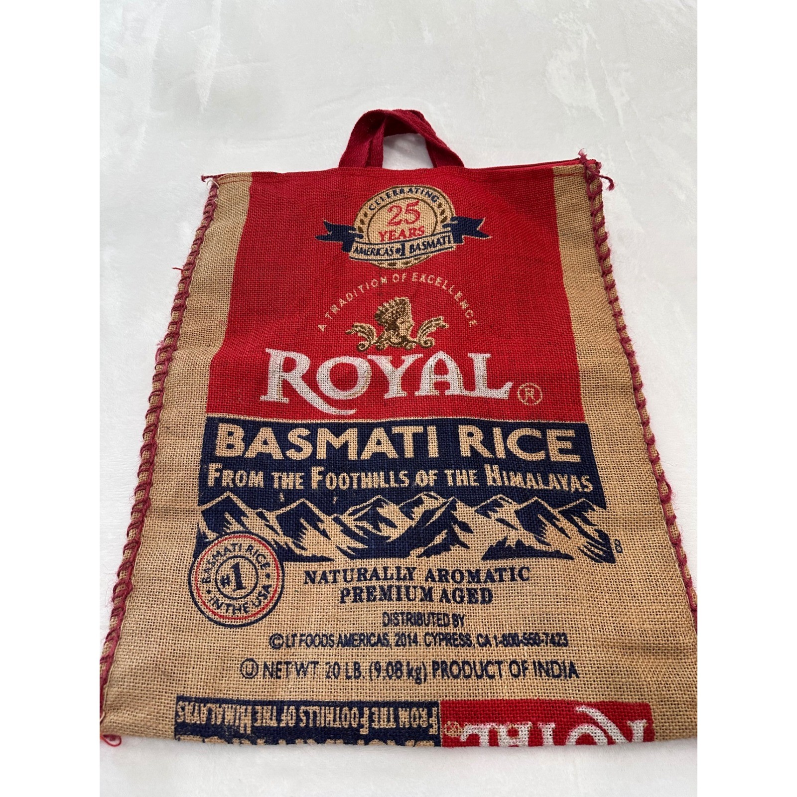 Royal Basmati Rice Burlap Tote Bag Reusable Zippered Market Sack Red Tan 18×13.5