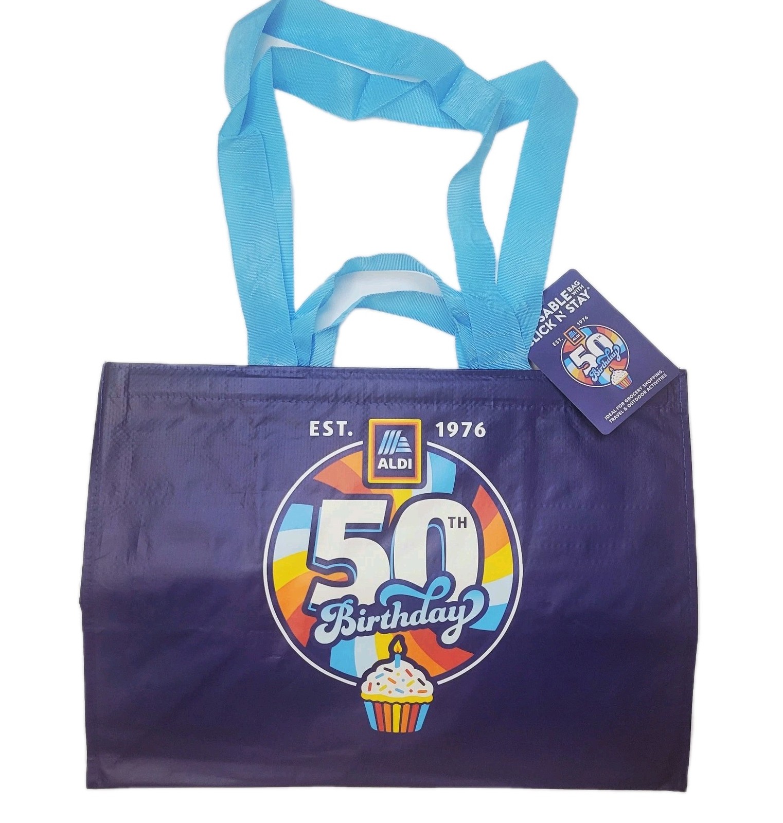 ALDI 50th Anniversary Reusable Tote Bag Click N Stay Limited Edition Blue NWT