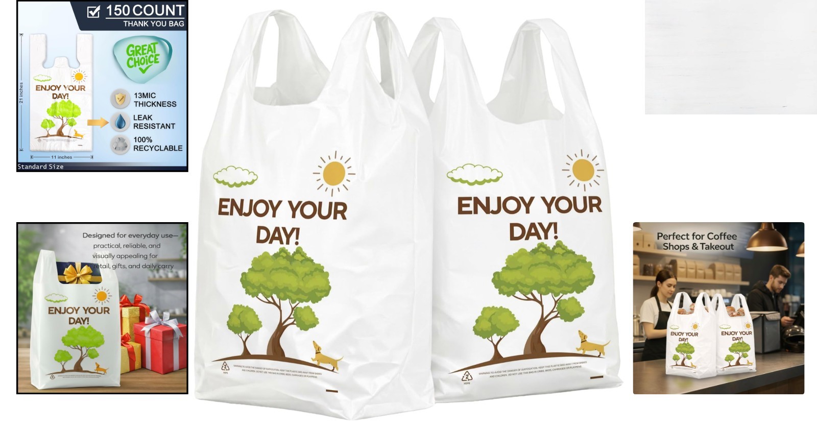 High-Density White Thank You Shopping Bags – 11”x6”x21” – 150 Bulk Pack