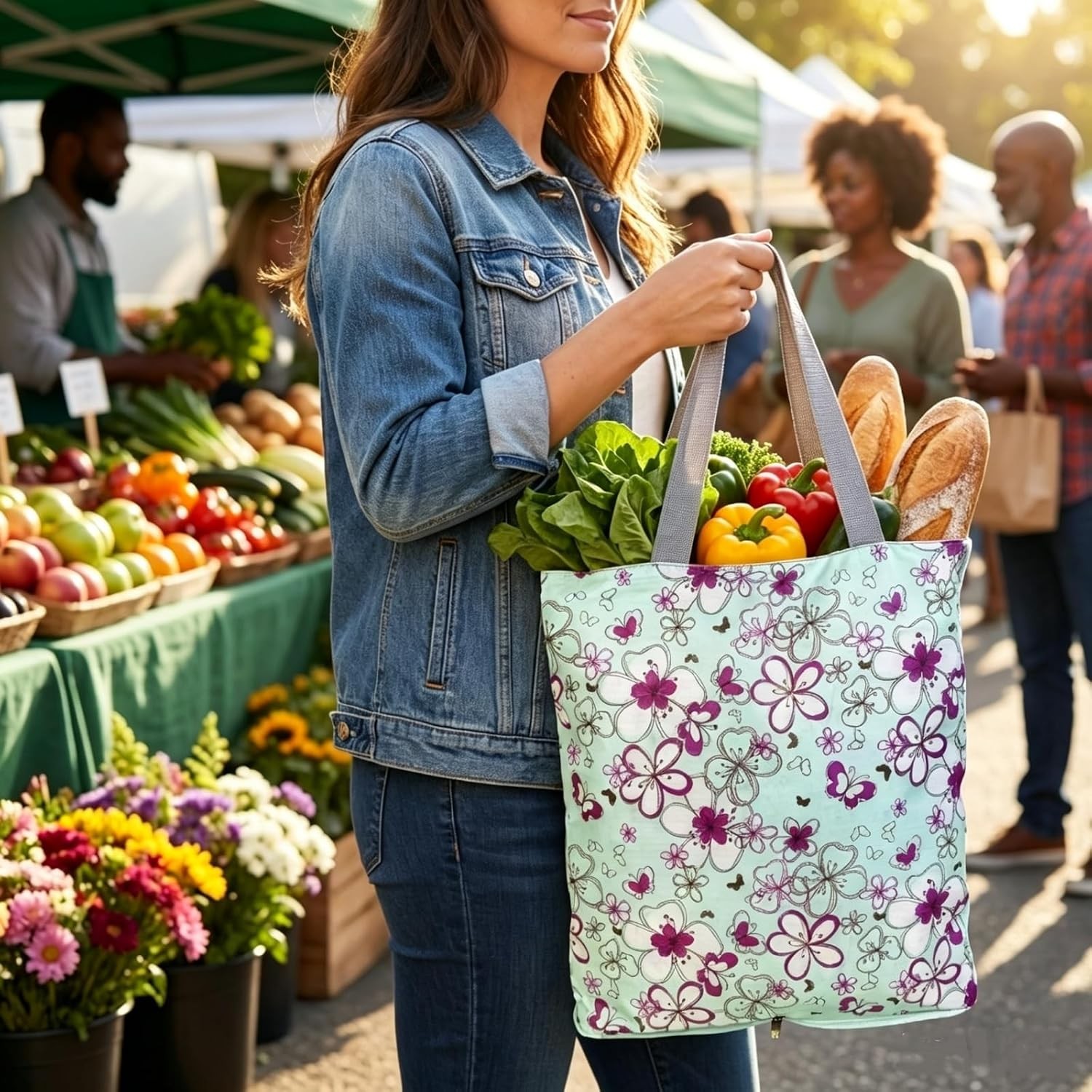 Reusable Kitchen Grocery Bags with Zipper Closure Foldable Shopping Tote Bag Set