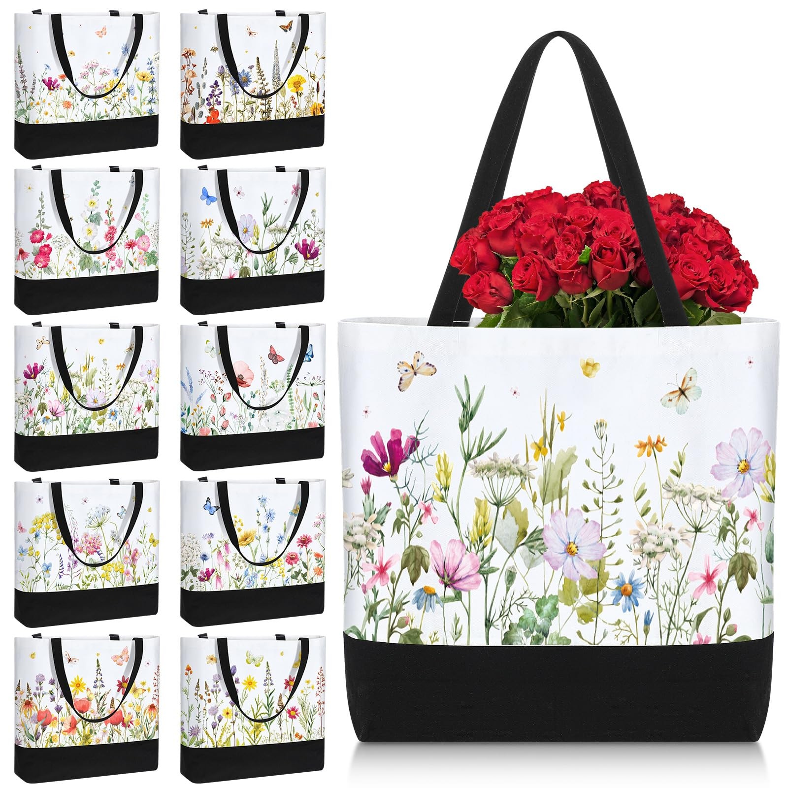 10 Pcs Wildflower Canvas Tote Bag Bulk Large Book Lovers Floral Gift Tote 18….