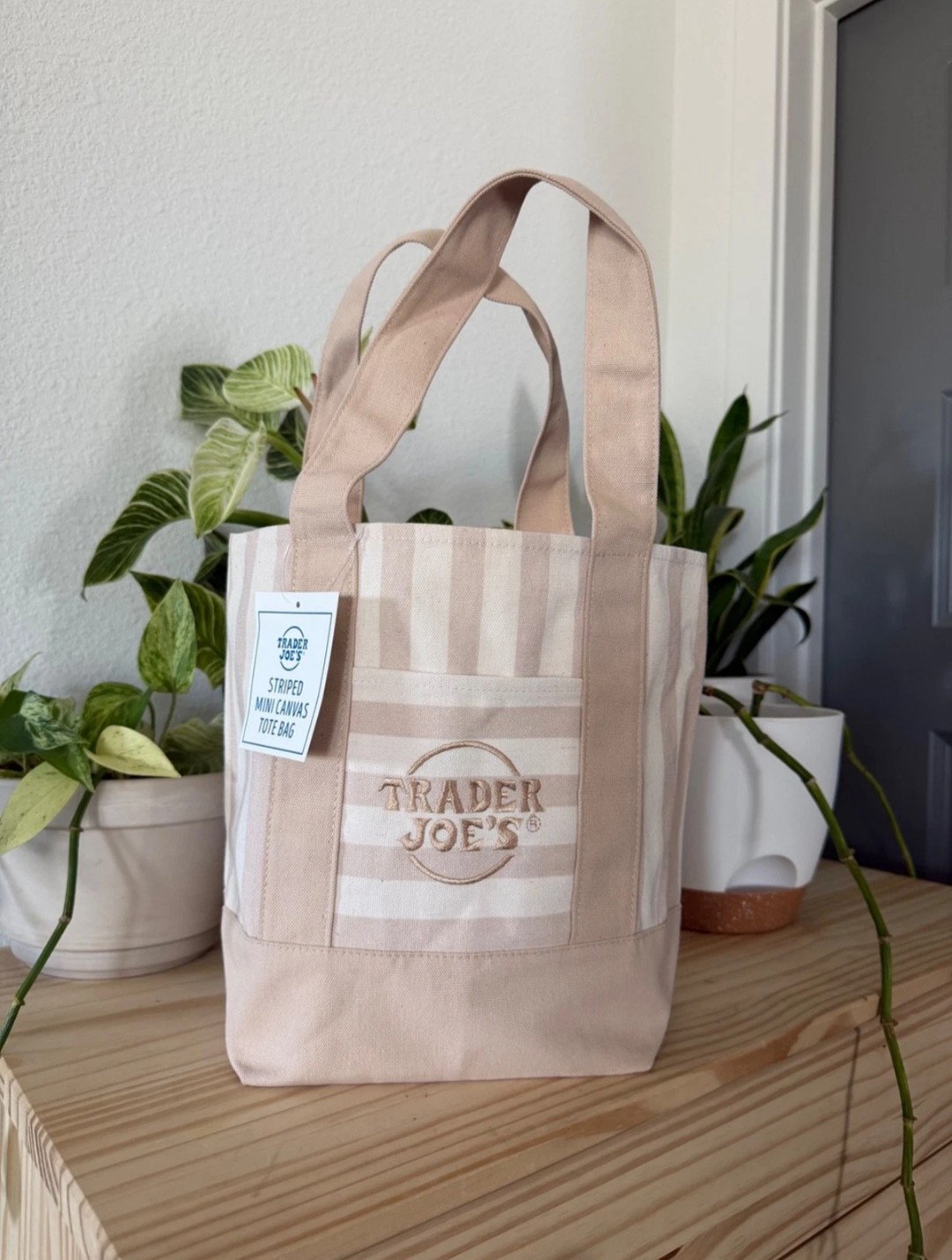 New Trader Joe’s Mini Beige – Tan summer 2026 Striped Canvas Tote Bag Fast Ship