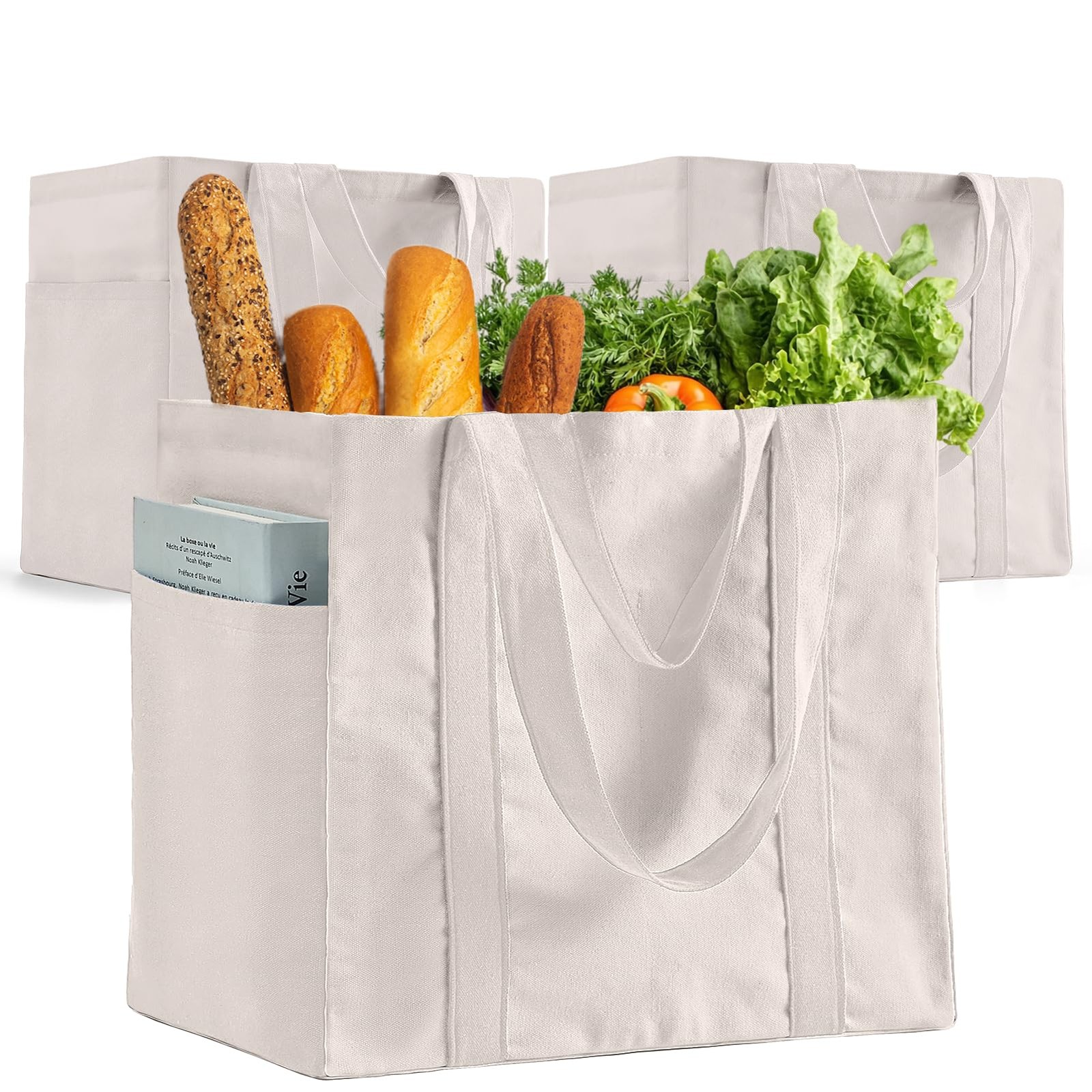 KIDJFGG 3-Pack Large Canvas Grocery Shopping Bags, Bottle 3 Pack, Natural