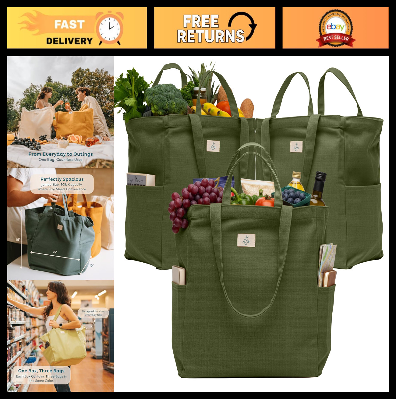 Heavy Duty Reusable Grocery Bags 3-Pack – Large Cotton Canvas Totes with Pockets