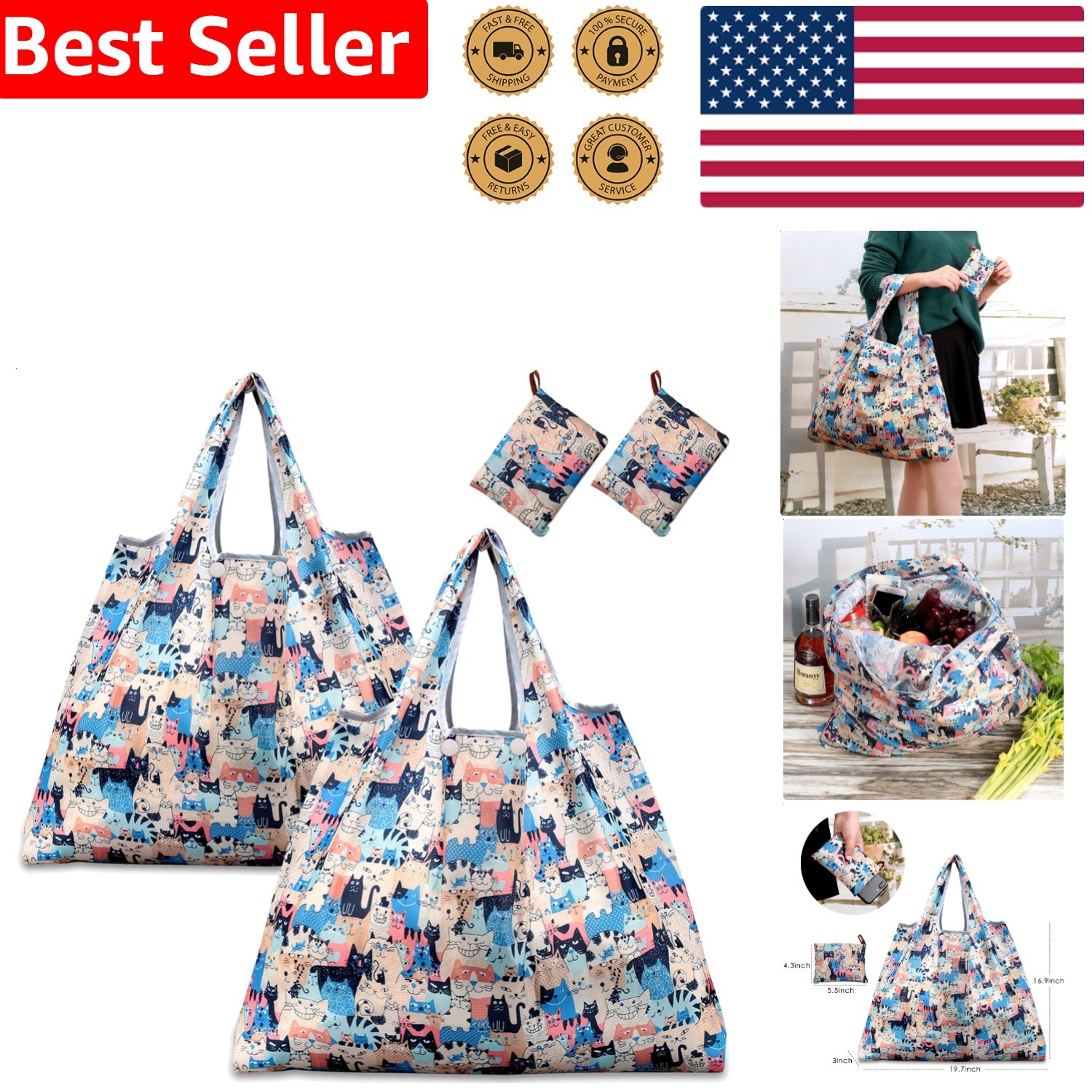 Reusable Grocery Bags 2 Pack Folding Waterproof Eco-Friendly Nylon Tote Shopp…