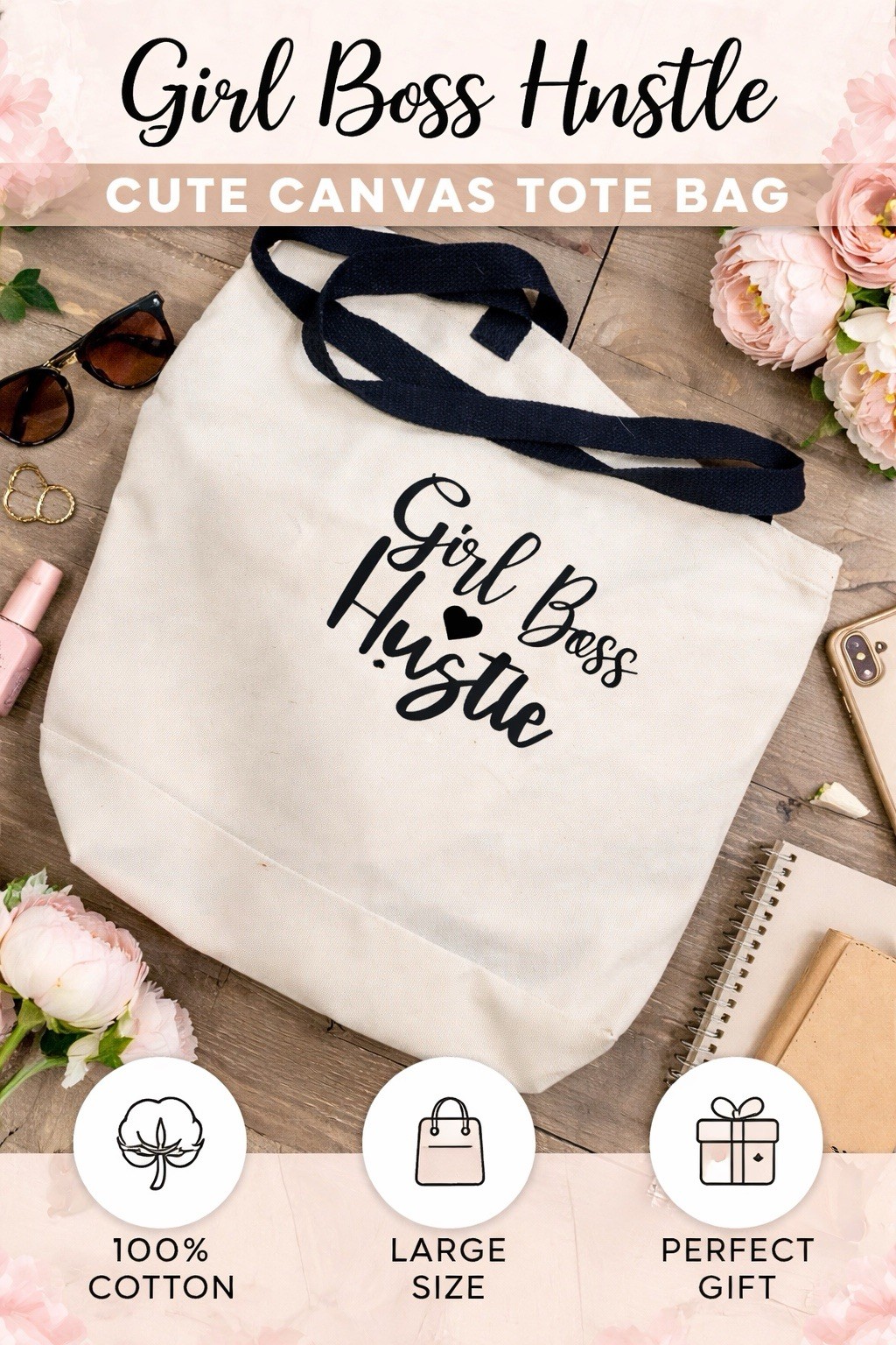 Girl Boss Hustle Text Canvas Cotton Reusable Large Tote Bag, White/Black