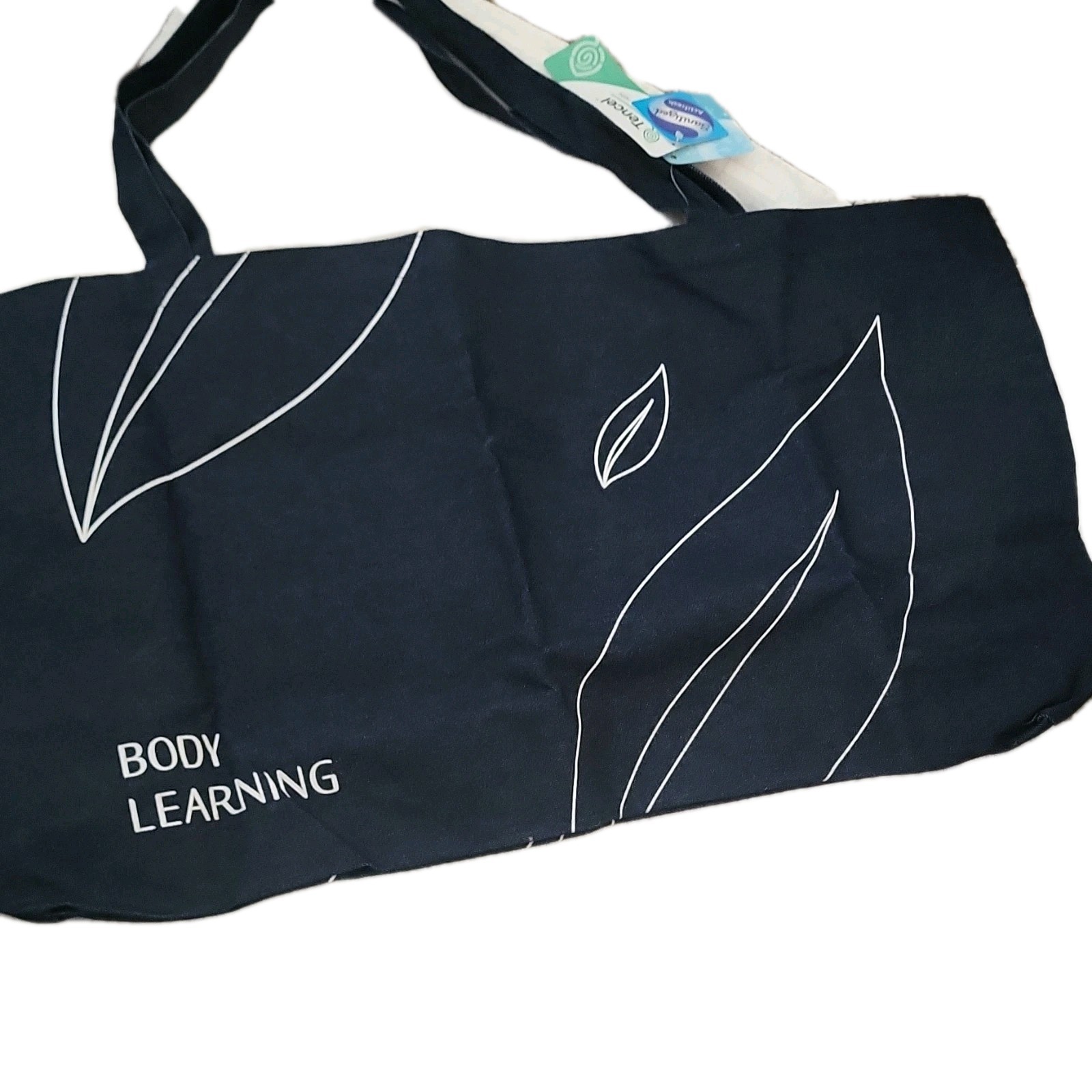 Body Learning Foldable Canvas Reusable Shopping Bag Navy Blue Leaves Pattern