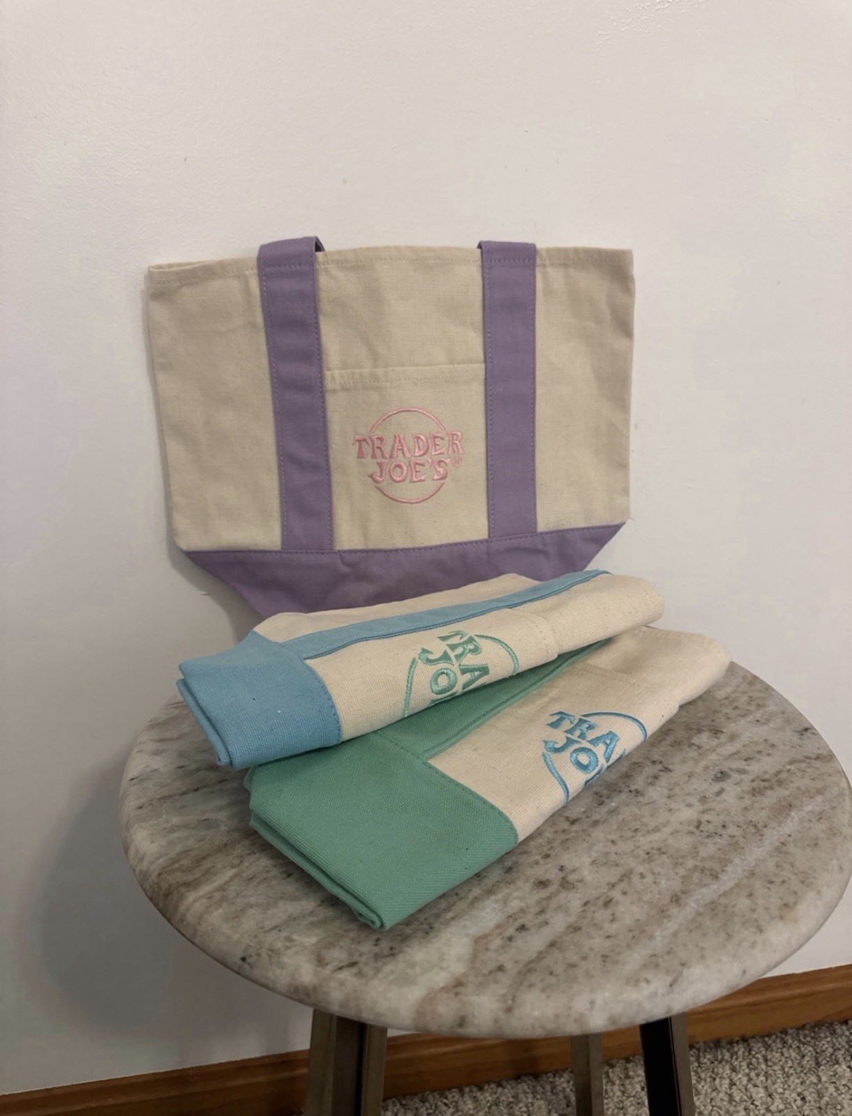 Trader Joe’s Mini Tote Bags – Set of 3 (Purple, Blue, Green)