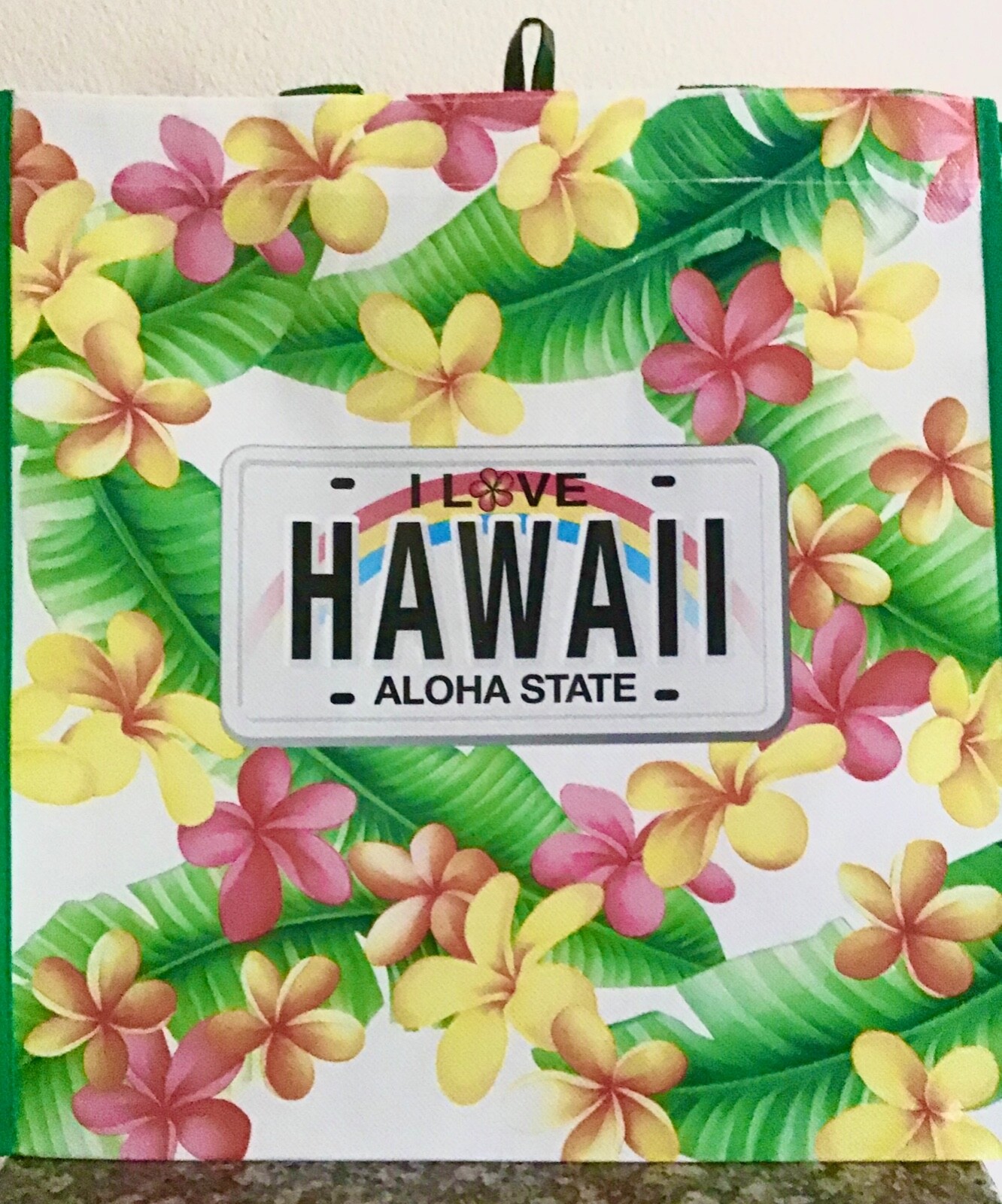 HAWAIIAN PLUMERIA WHITE LICENSE PLATE REUSABLE SHOPPING BAG BEACH BAG