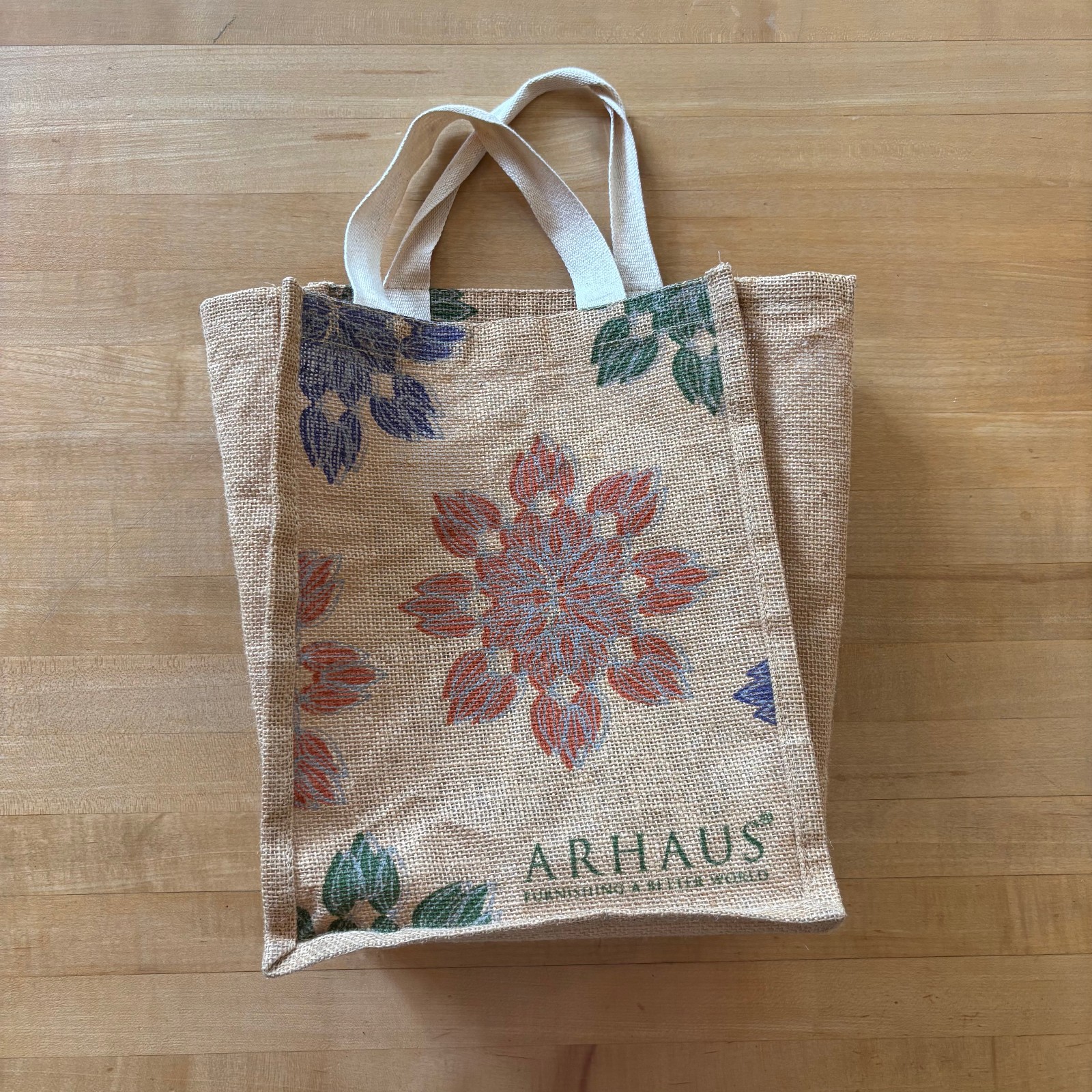 Arhaus Tan Earthy Tote Bag Jute Tan Floral Pattern 12.5 X 10 Inches