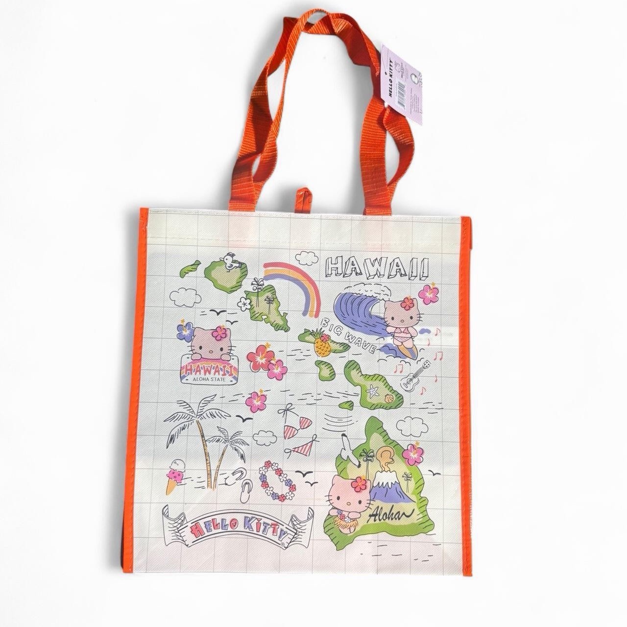 Tan Hello Kitty Hawaii Reusable Shopping Bag White w/ Orange Handles