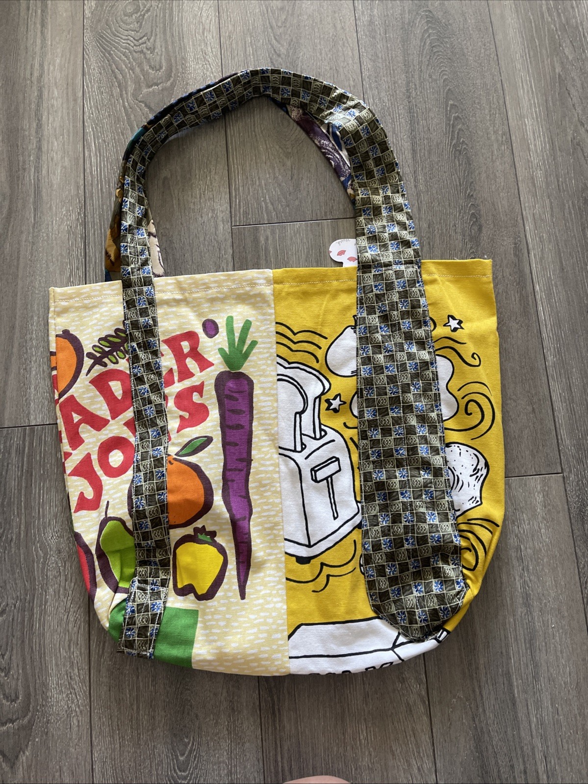 Trader Joe Tote Bag With Two Different Design Using Ties As Handles 17x13x5 1/2