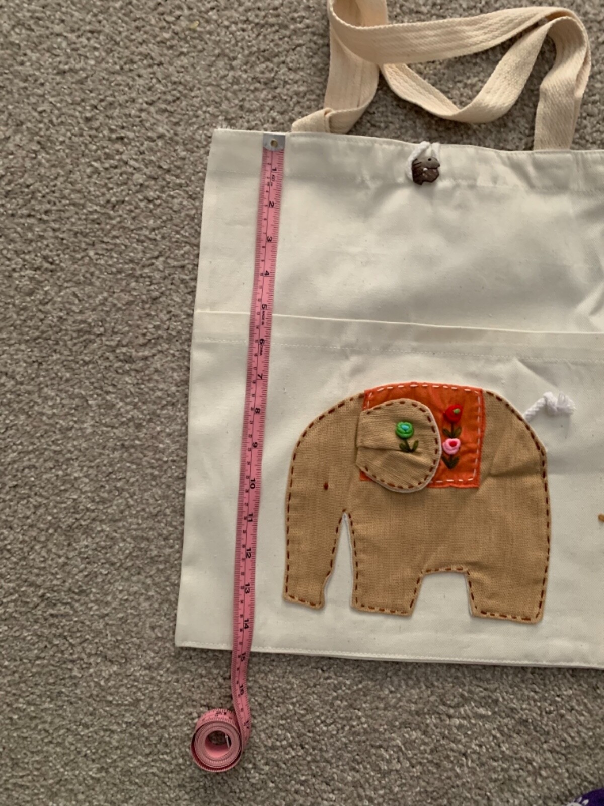 Artsy Cream BAG TOTE with patchwork Elephant + Kate Aspen Elephant candle. New