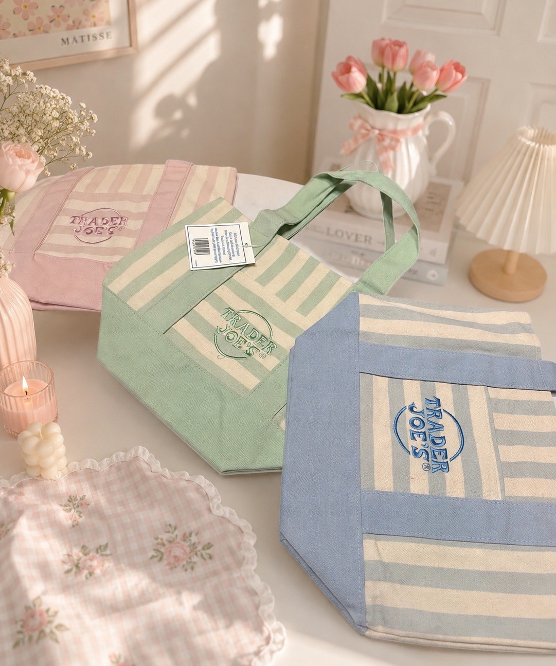 Trader Joe’s Mini blue Striped Canvas Tote Bag 13in L x 6in W x 10in H