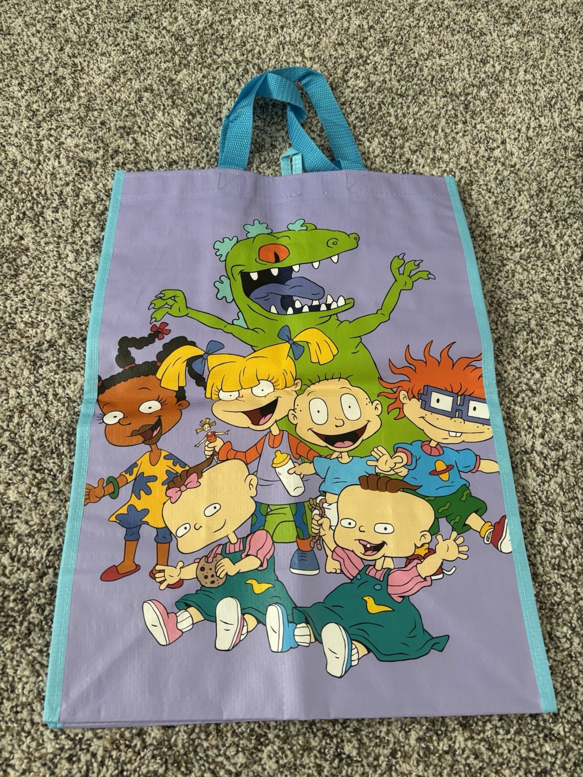 Reusable Shopping Tote Bag Purple Cartoon Pattern Blue Handles 14 x 18 in