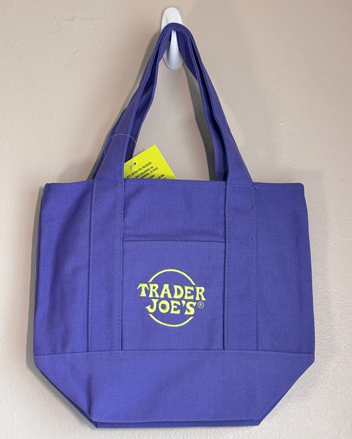 Trader Joes Mini Canvas Purple Tote Bag Embroidered Logo Double Handles