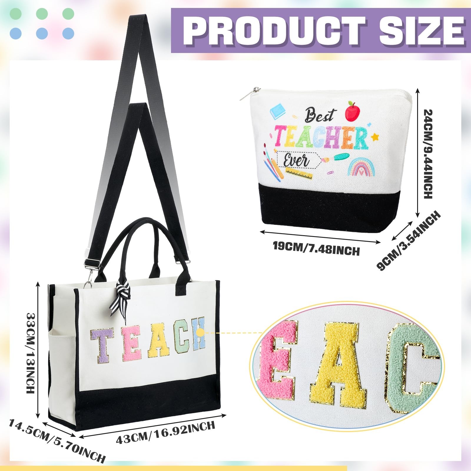 17 x 6.7 13 inches (Canvas tote bag), 9.5 3.5 7.5 (Makeup Colorful