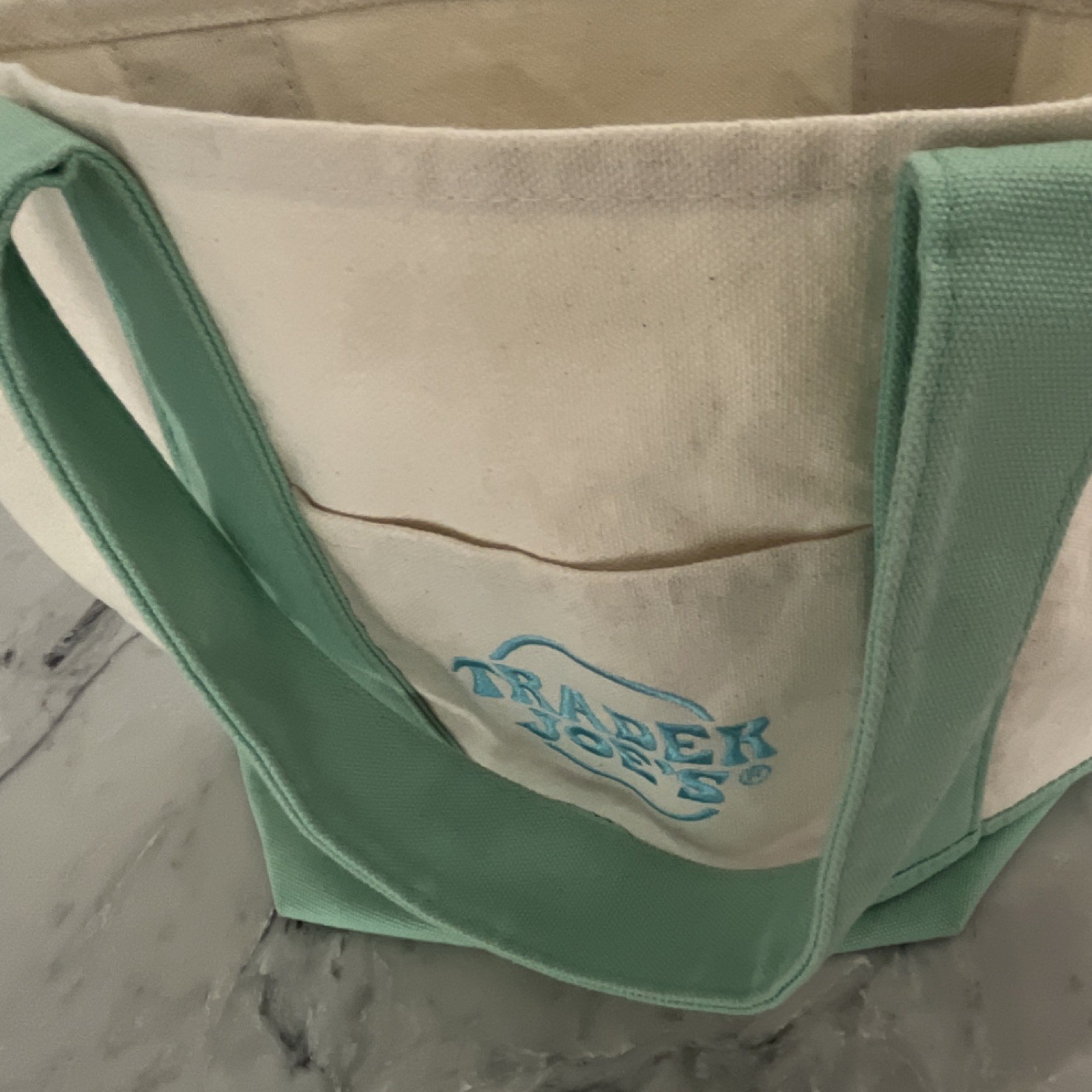 Trader Joe’s Reusable Foldable Canvas Shopping Bag Beige Green Color Block