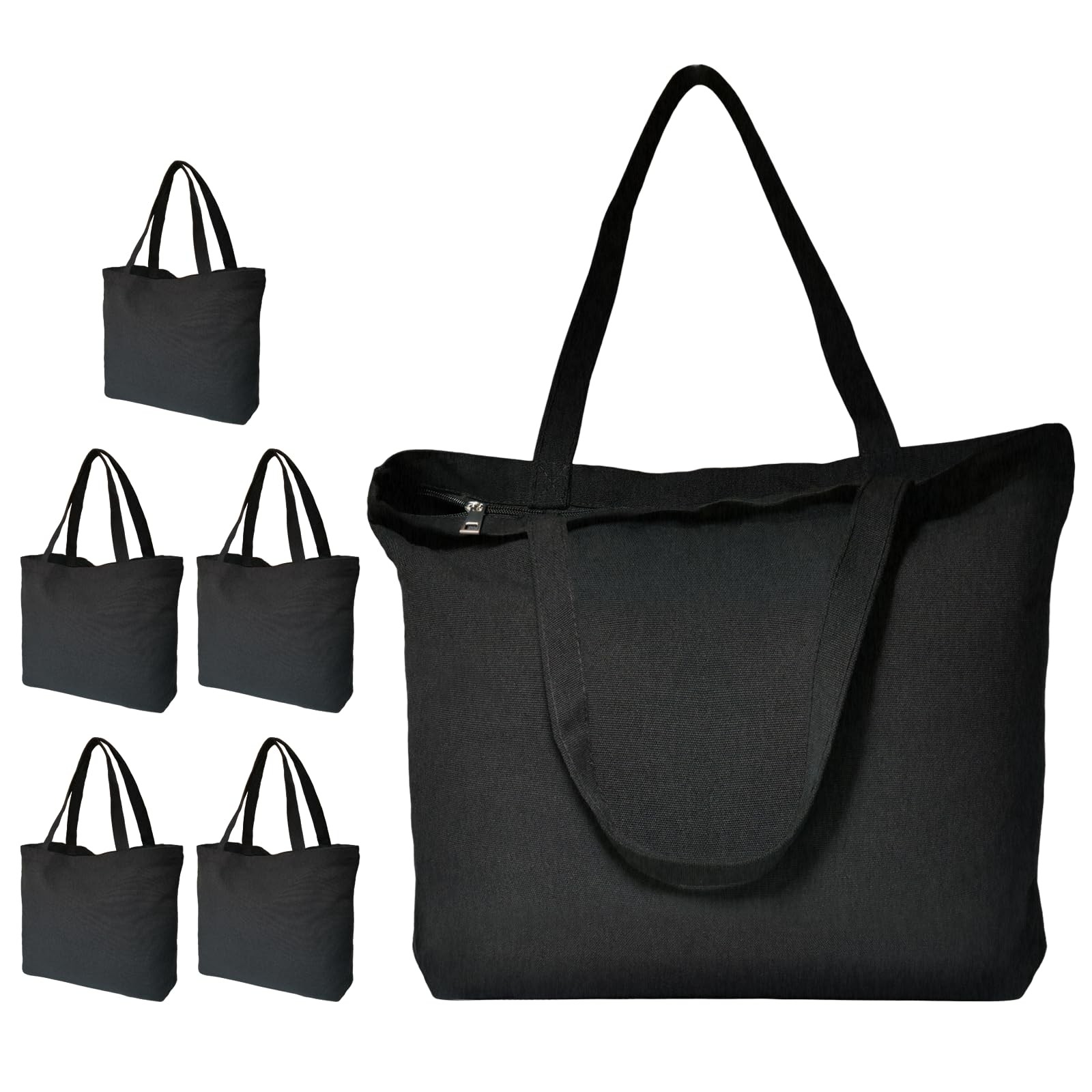 Koolmox Black Canvas Tote Bag with Zipper, 6-Pack 17x14x3.9” 12Oz Thick Canv…