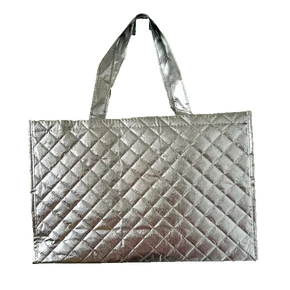 Lot of 2 Metallic Silver Quilted Tote Gift Bag Shopping Bag Reusable NEW