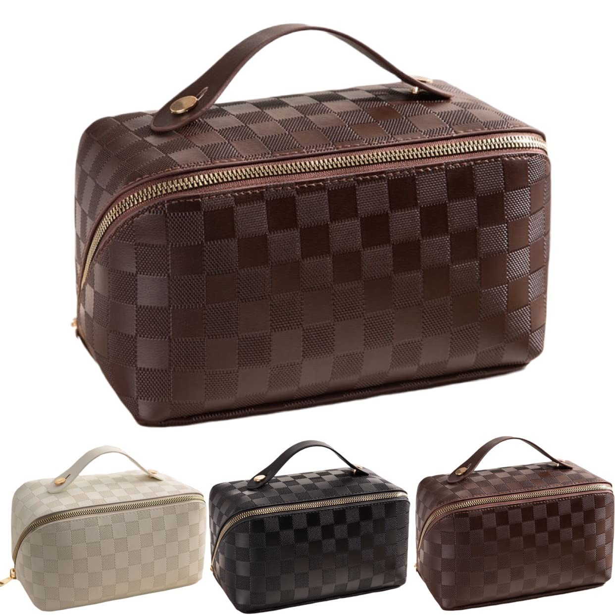 Large Capacity Checkered Makeup Bags Portable Travel Cosmetic latte-checkered
