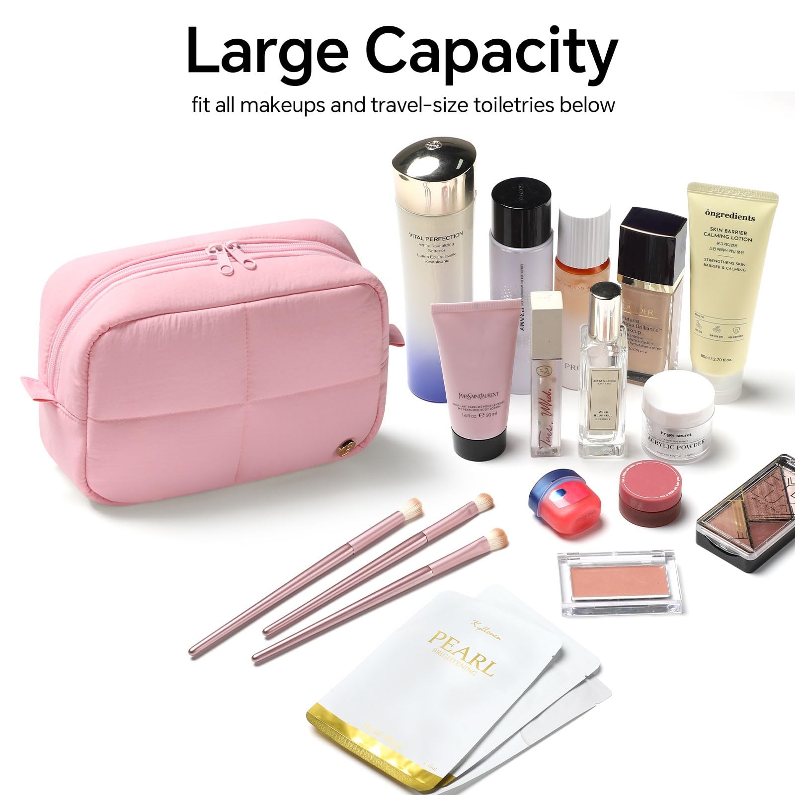 Etercycle Quilted Makeup Bag, Puffer Travel Toiletry Bag for Women Pink