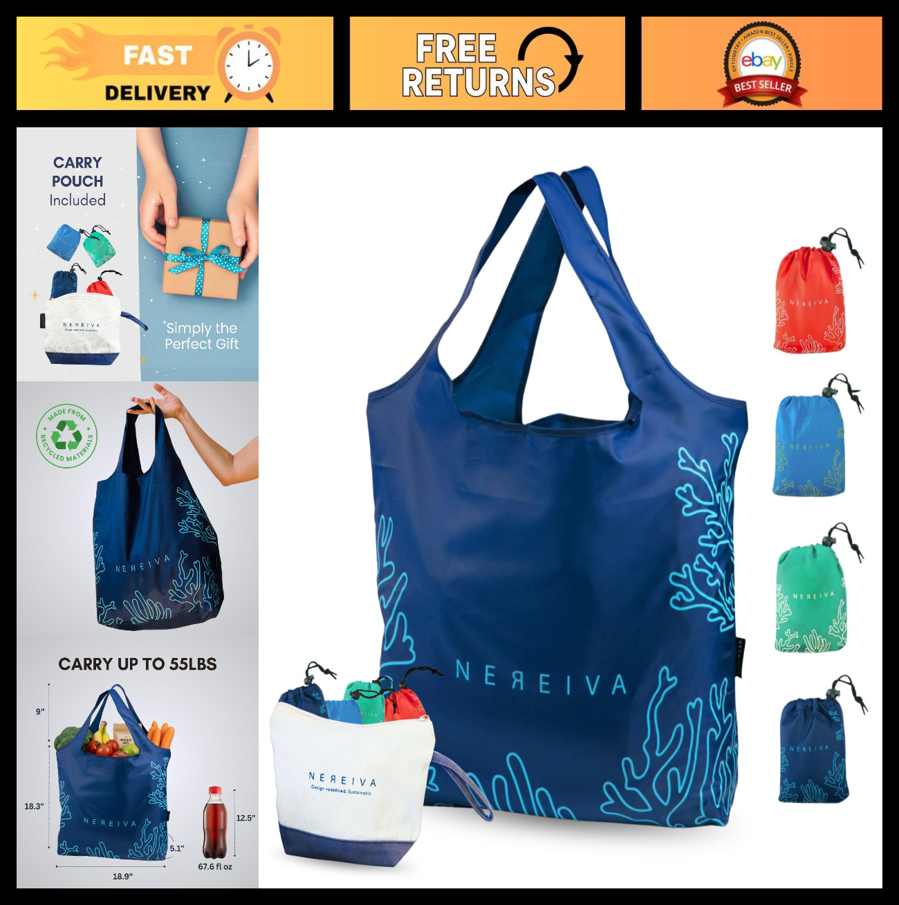 4 Pack Foldable Reusable Grocery Bags – Multi-Color, Washable, Durable, 55lbs Ca