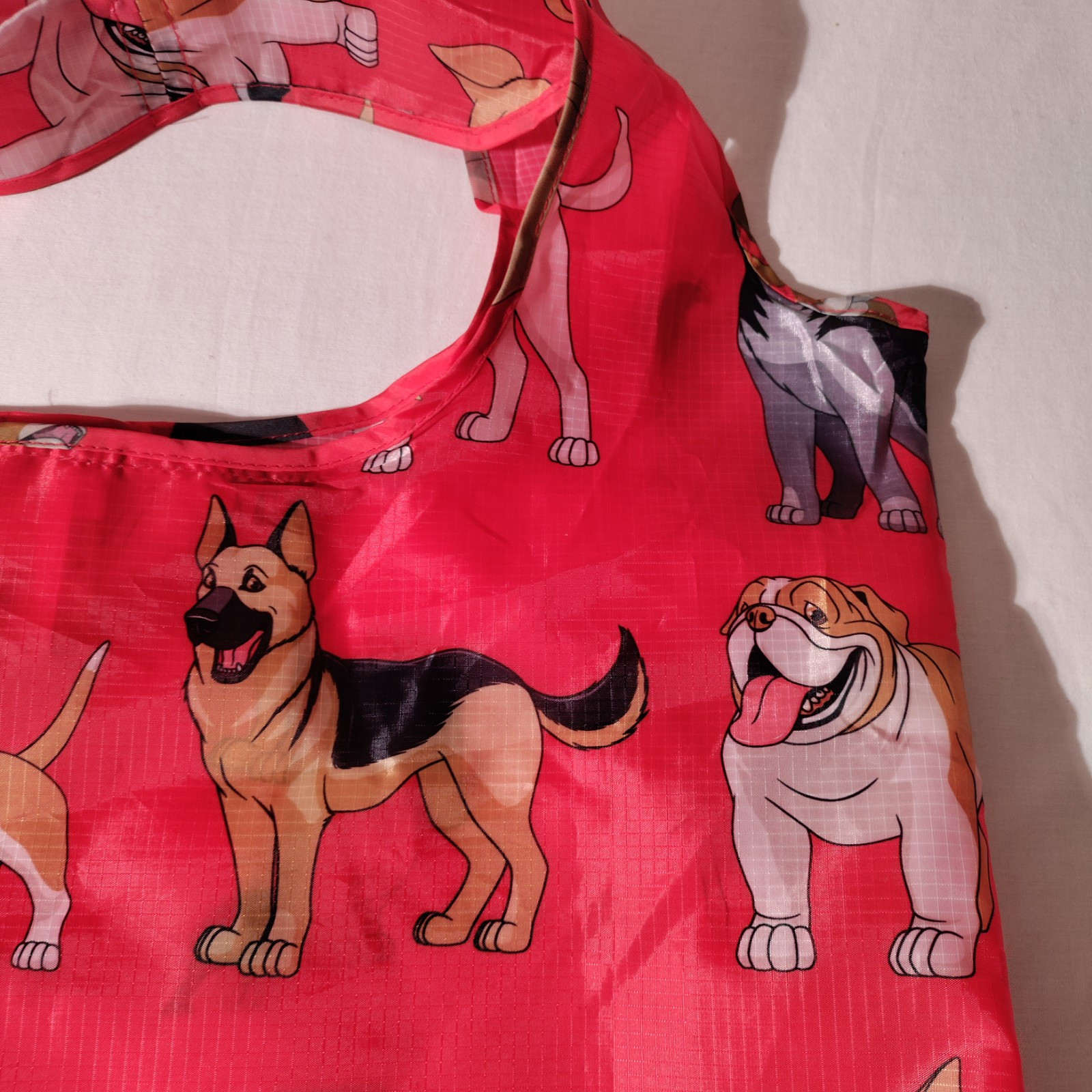 BeeGreen Reusable Nylon Shopping Tote Red Bag with Dogs All Over