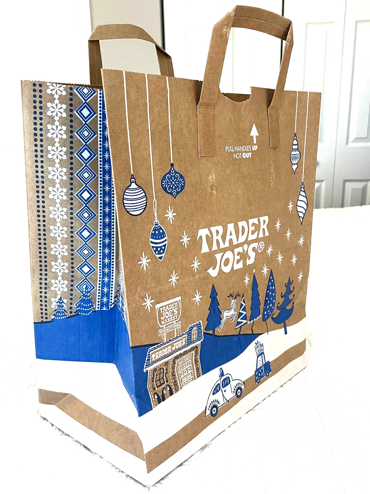 Trader Joe’s Lot of 6 NEW Holiday Brown Paper Grocery Bags Blue Winter Scene