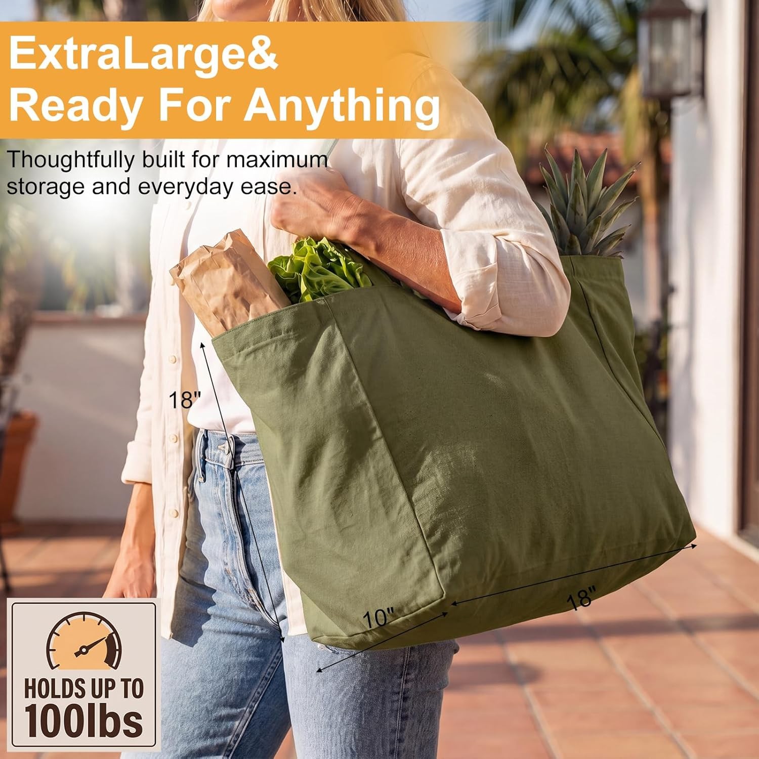 3 Pcs 18x18x10 in Extra Large Reusable Canvas Tote Bag W/ Zipper Washable Heavy