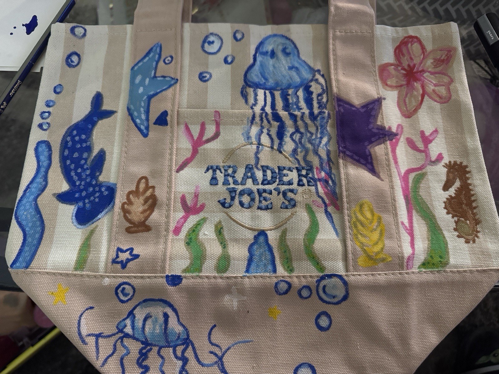 Trader Joe’s Reusable Tote Bag Beige Multicolor Sea Life Print 13x10x6″