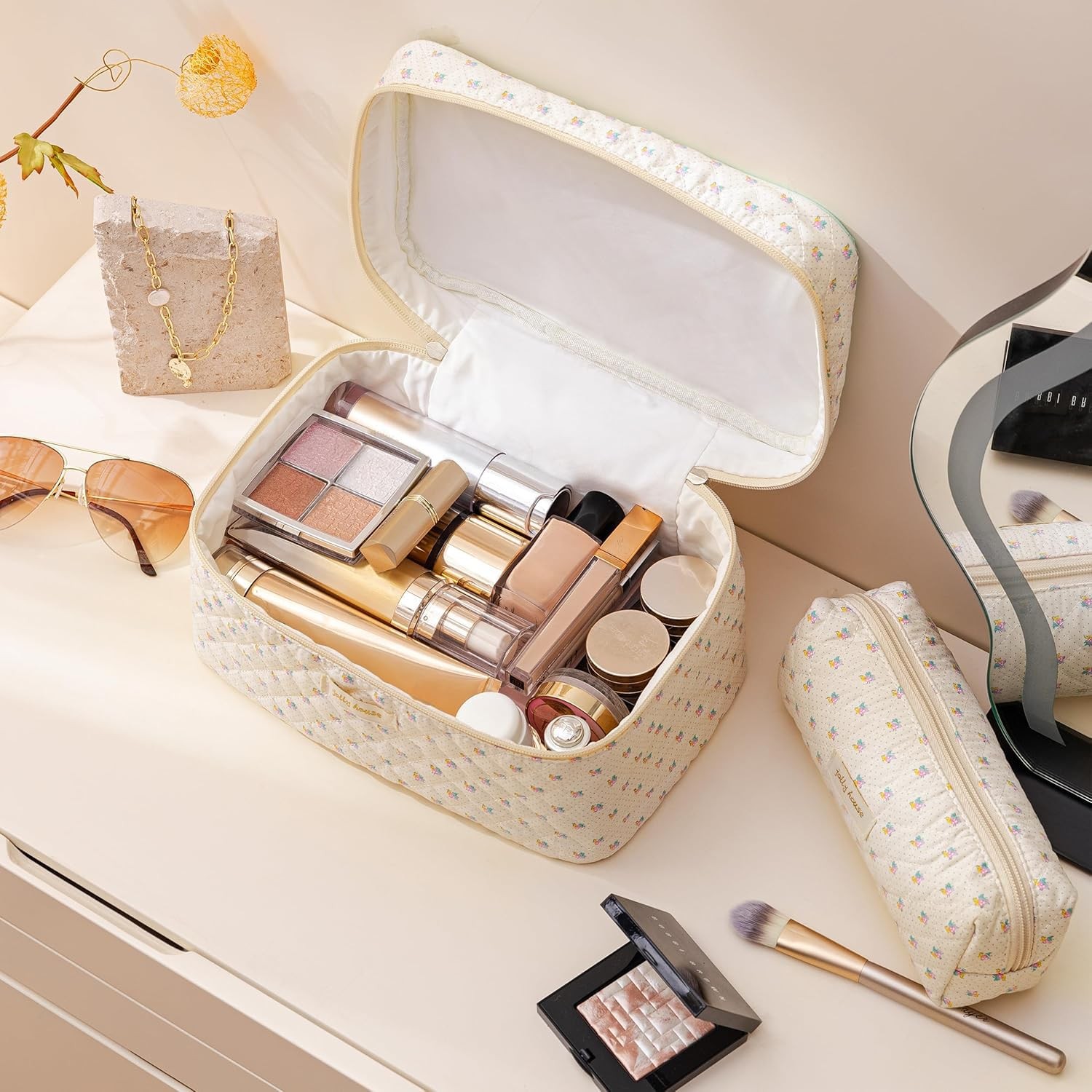 HBselect Quilted Makeup Bag, 3PCS 10.6 x 6.5 x 5.5 inches, A-3PCS-Flower