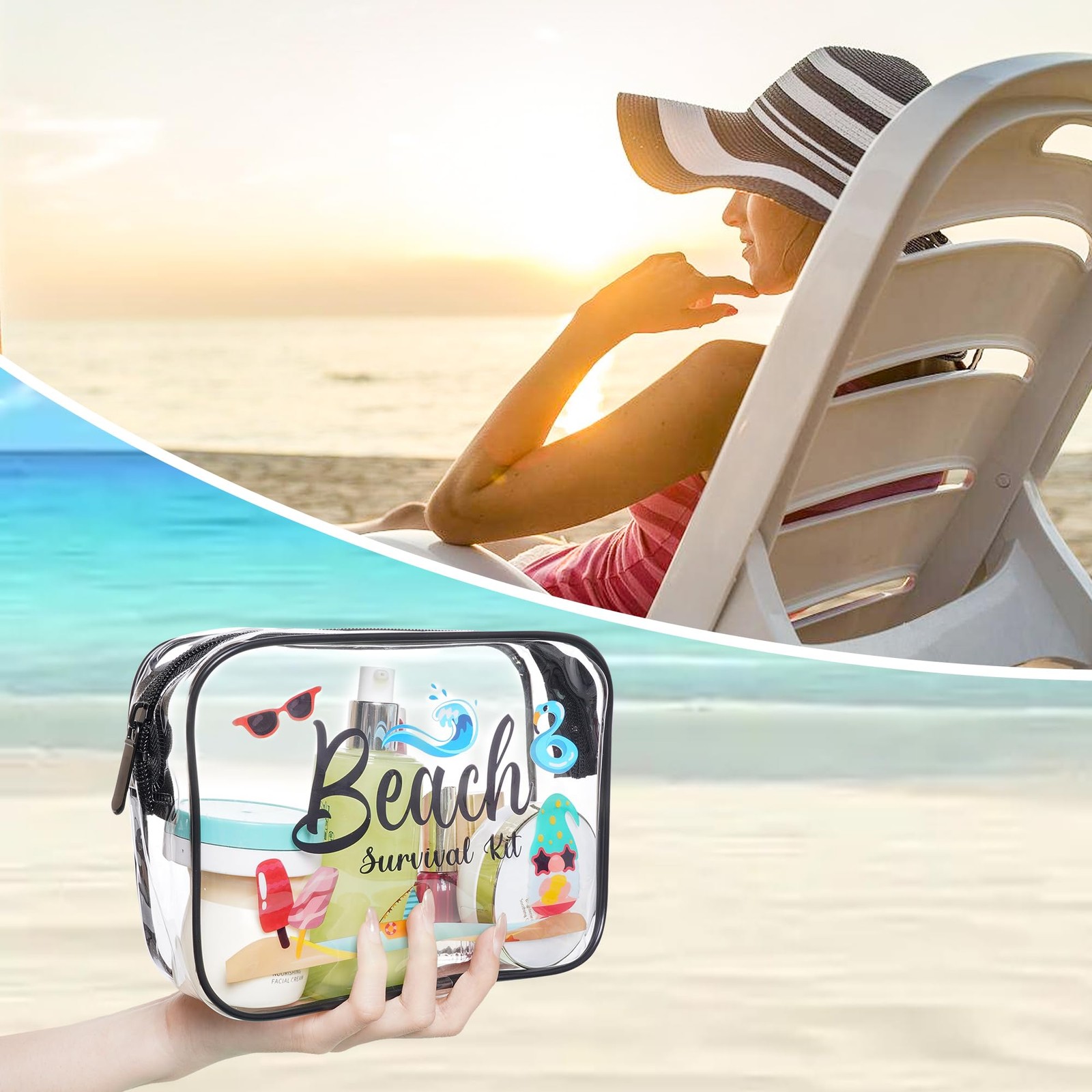 SUMERSHA 4Pcs Beach Clear Makeup Bags for Women 7.8 x 5.5 x 2.4 inches,