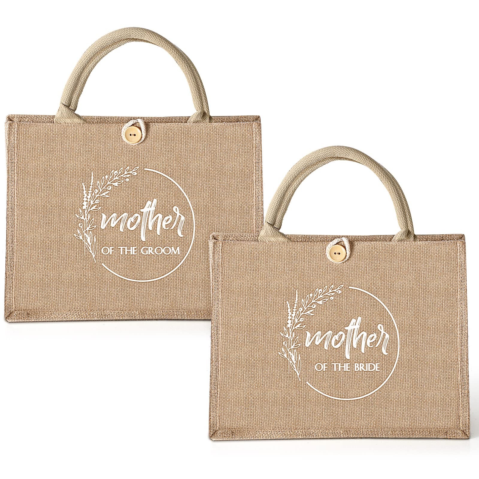 2 PCS 13×9.5×4.7 Inch Mother of Bride Groom Burlap Jute Tote Bags Handles