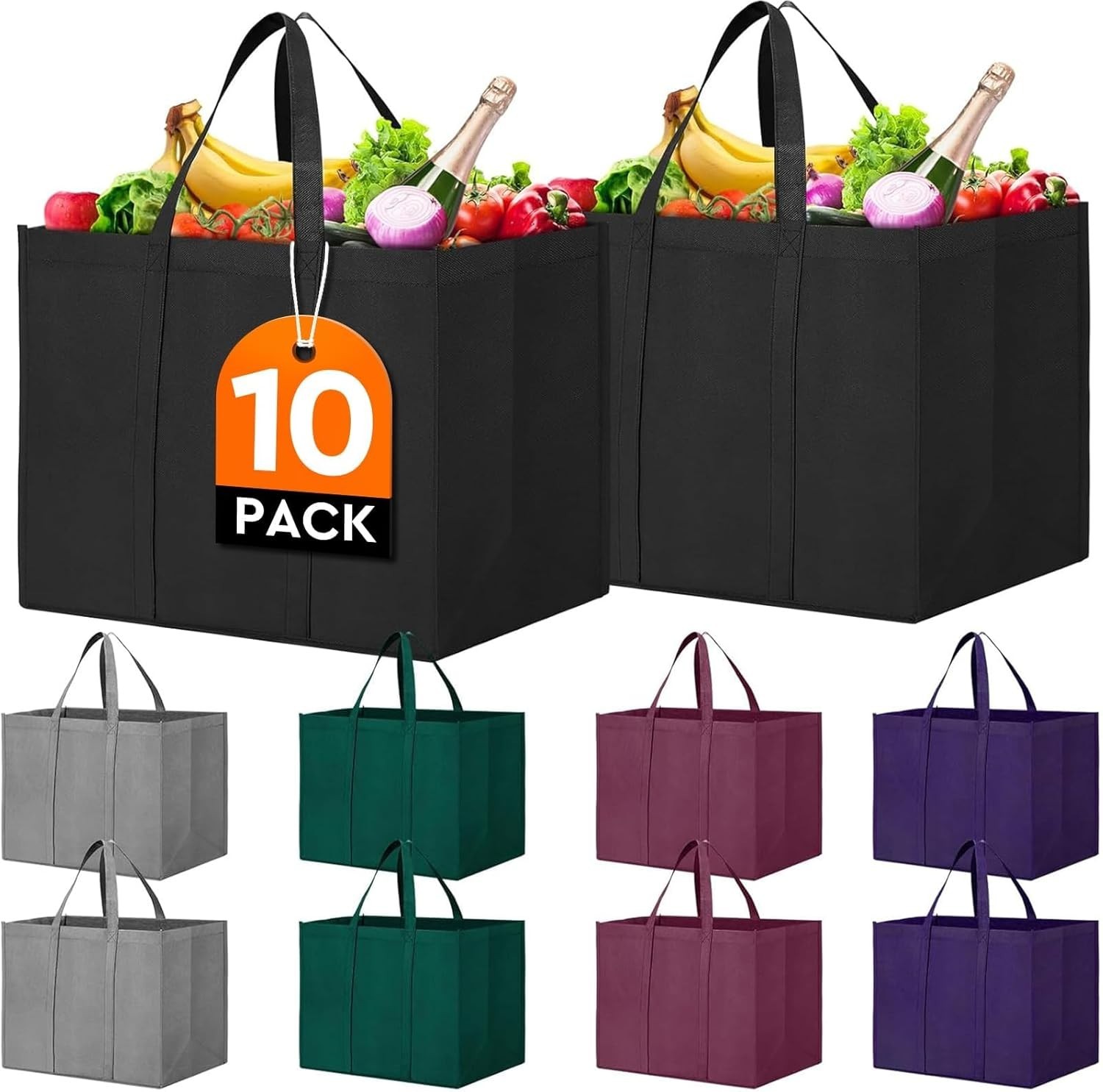 10 Pack Large Reusable Grocery Bags – Eco-Friendly Foldable Totes in Assorted…