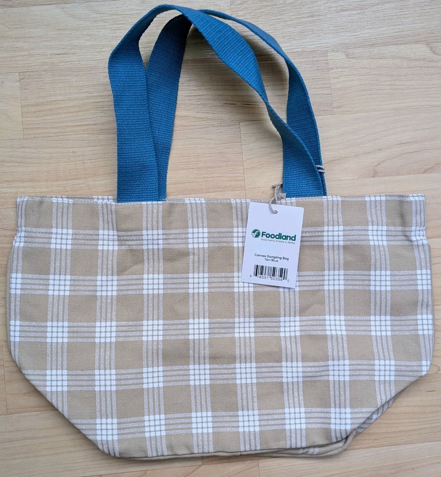 Foodland Hawaii Palaka Tan Beige, Blue Handle Canvas Dumpling Reusable Tote Bag