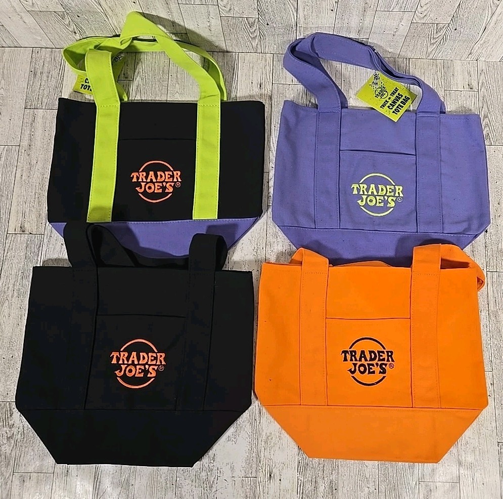 Trader Joe’s Mini Canvas Tote Bag Set of 4 Halloween Purple Orange Black NEW