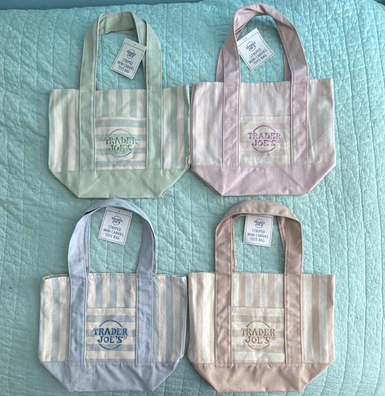 Trader Joe’s Striped Mini Canvas Tote Bag 4-Pack Reusable Multicolor SKU 84312