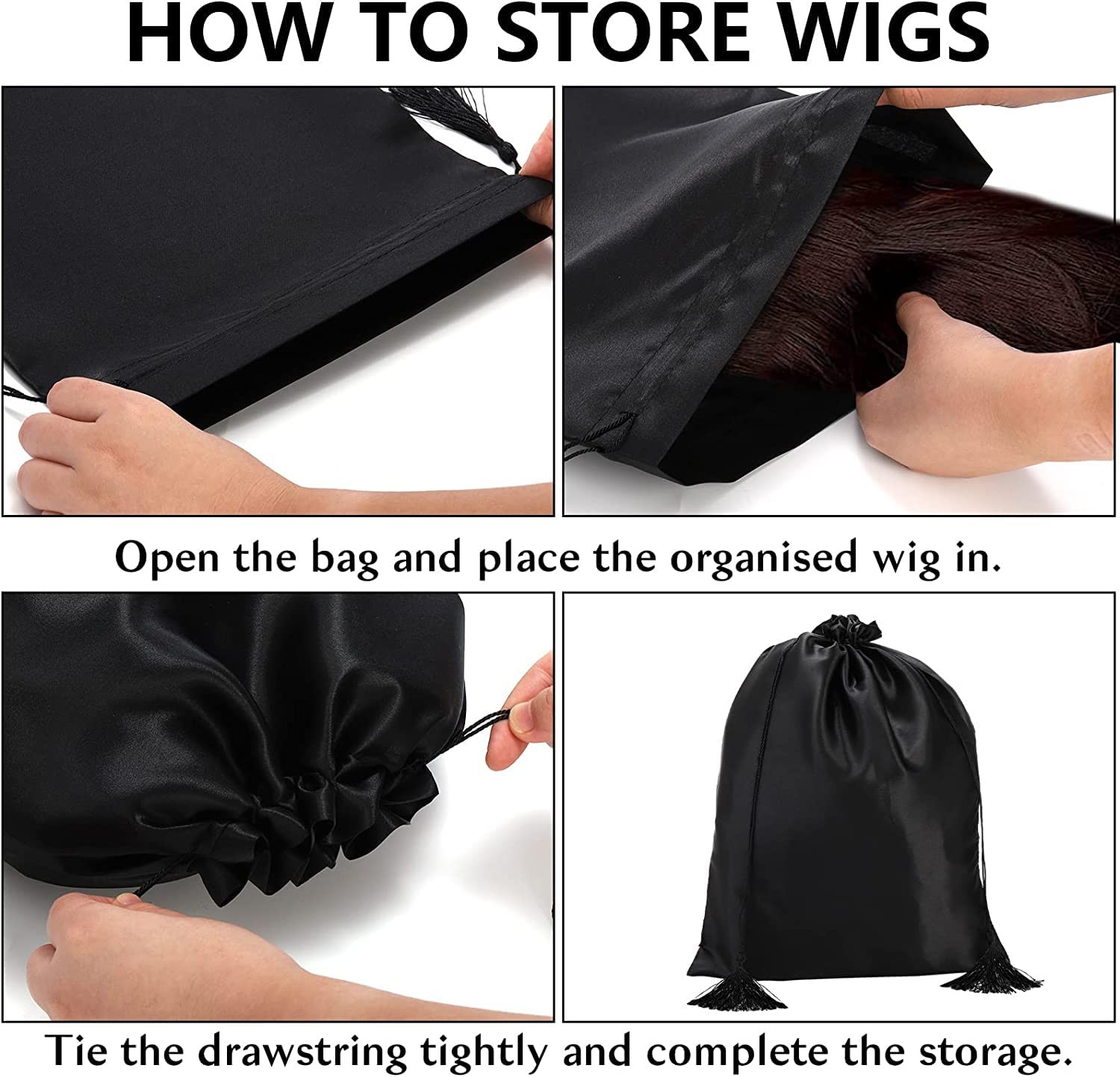 Youeon 16 Pcs Silk Satin Wig Bags 12″x16″, Black Gift &