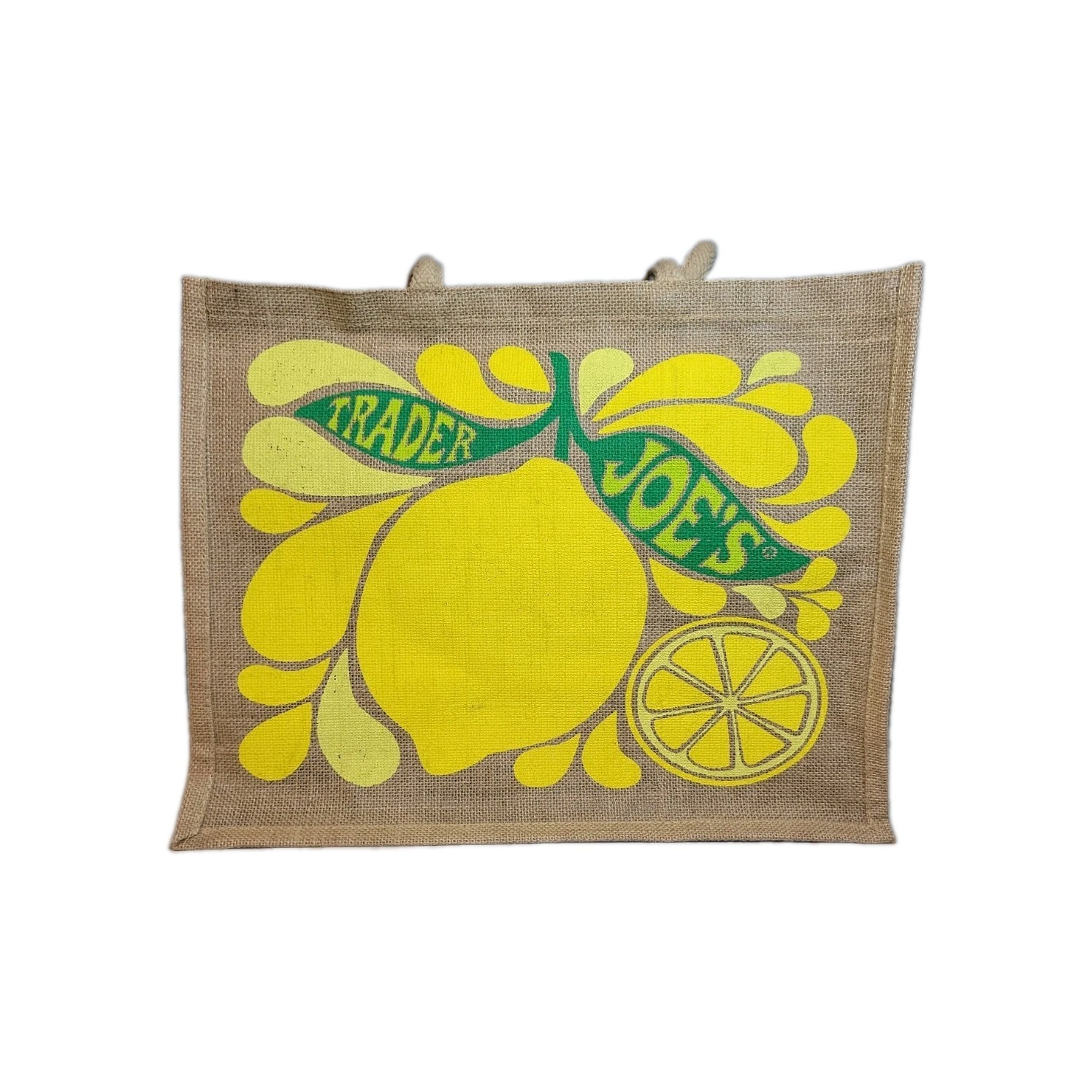Trader Joe’s Large Tote Bag Lemon Lime Burlap Shopping Bag 17×13.5×8 in