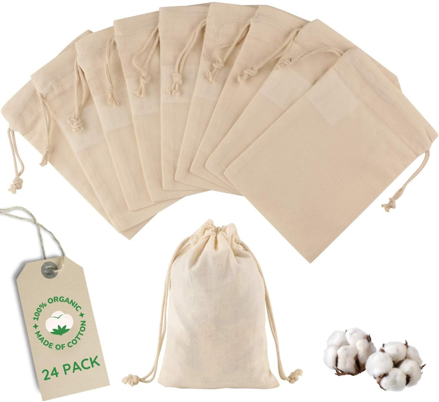 24 Pack Organic Cotton Muslin Bags | 4X6″ | Reusable Small Cloth Bag