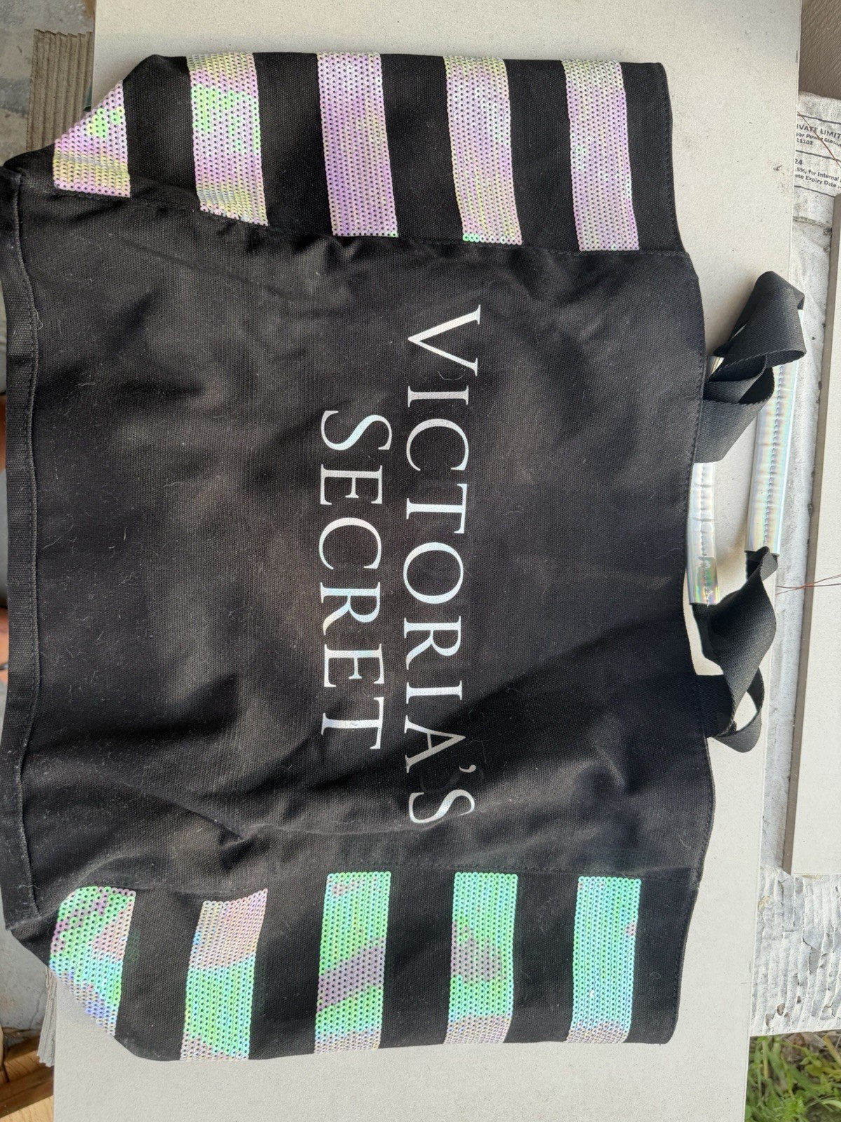 Victoria’s Secret Large Foldable Reusable Tote Bag Black Iridescent Striped