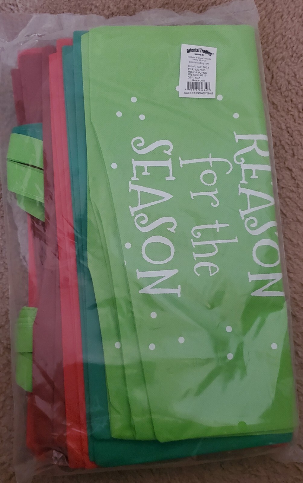 Oriental Trading Co. JESUS IS THE REASON FOR THE SEASON Tote Bags 1Dz. 4 Colors