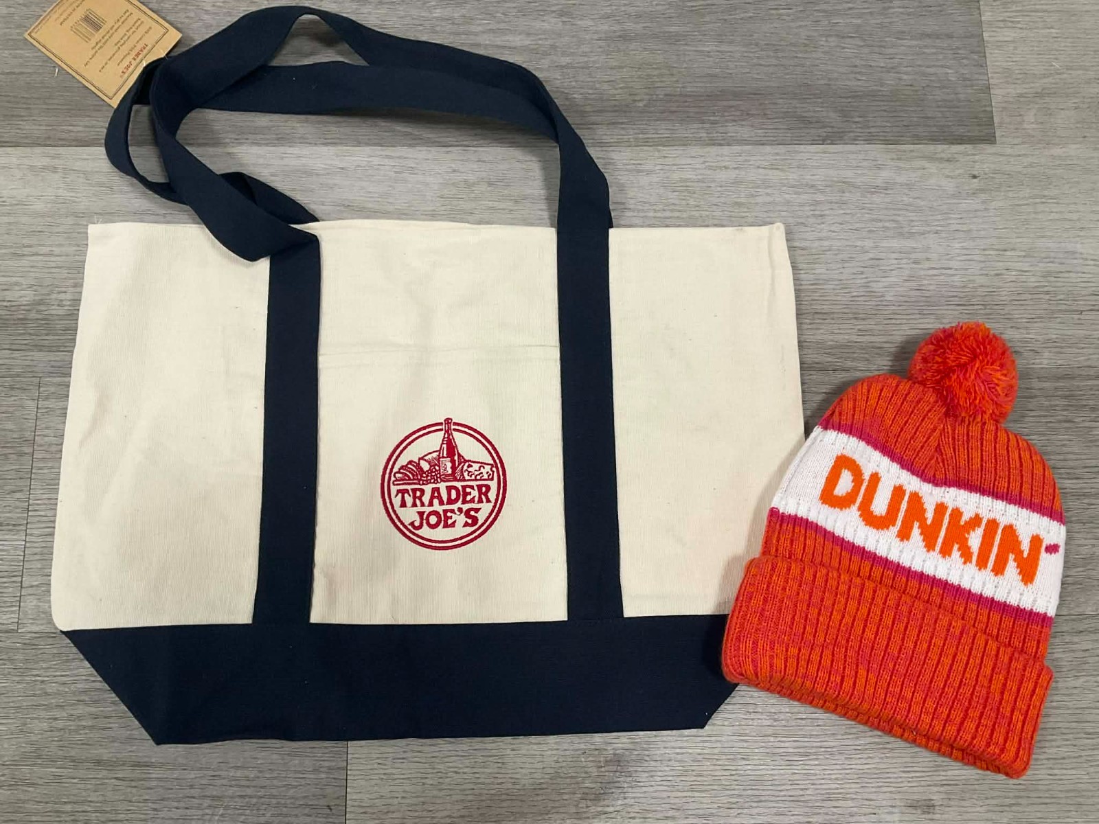 Trader Joe’s Navy Blue Reusable Canvas Tote Bag Size Large & DUNKIN KNIT HAT